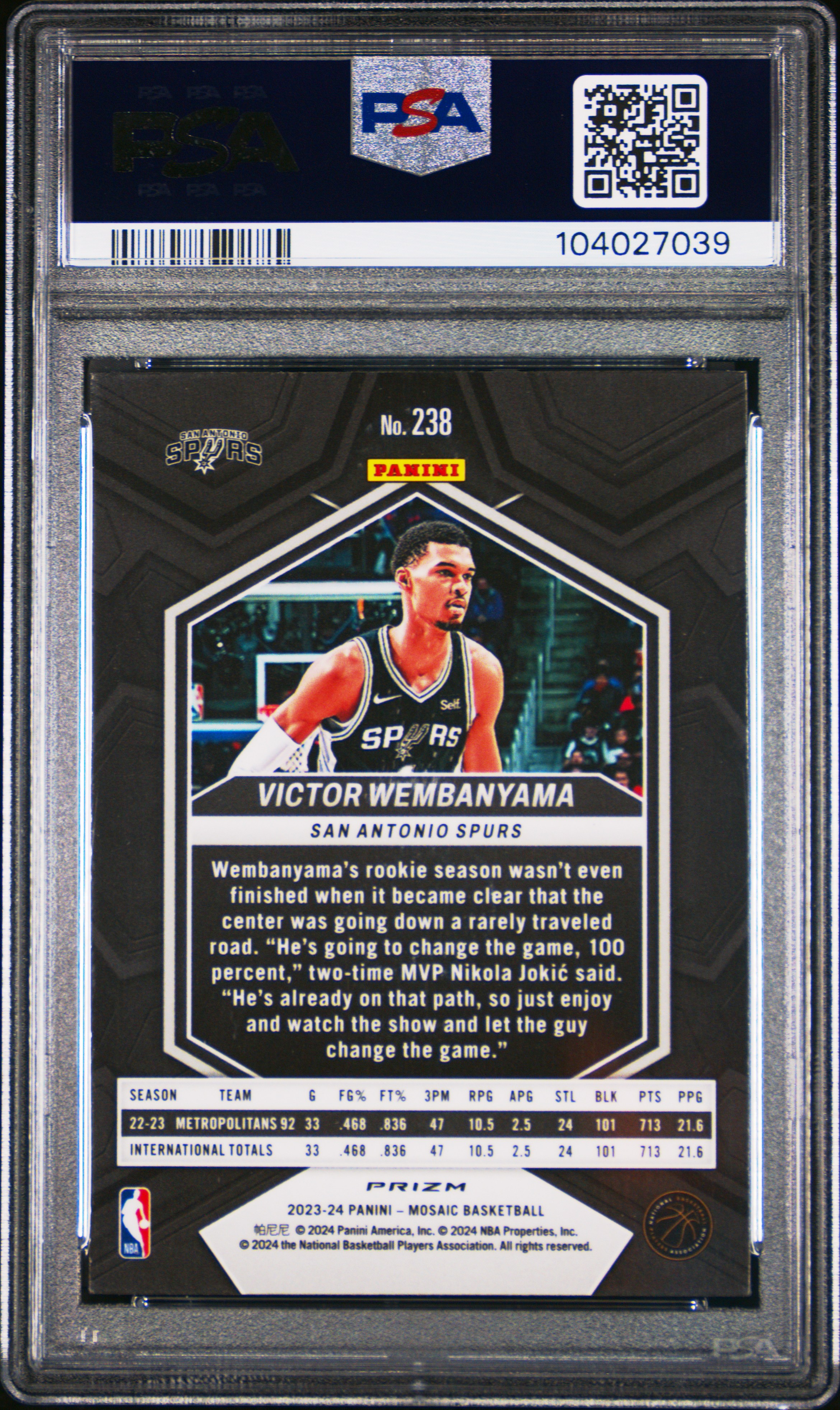 2023 Panini Mosaic Victor Wembanyama #238 (Reactive Blue) Gem Mt 10 back