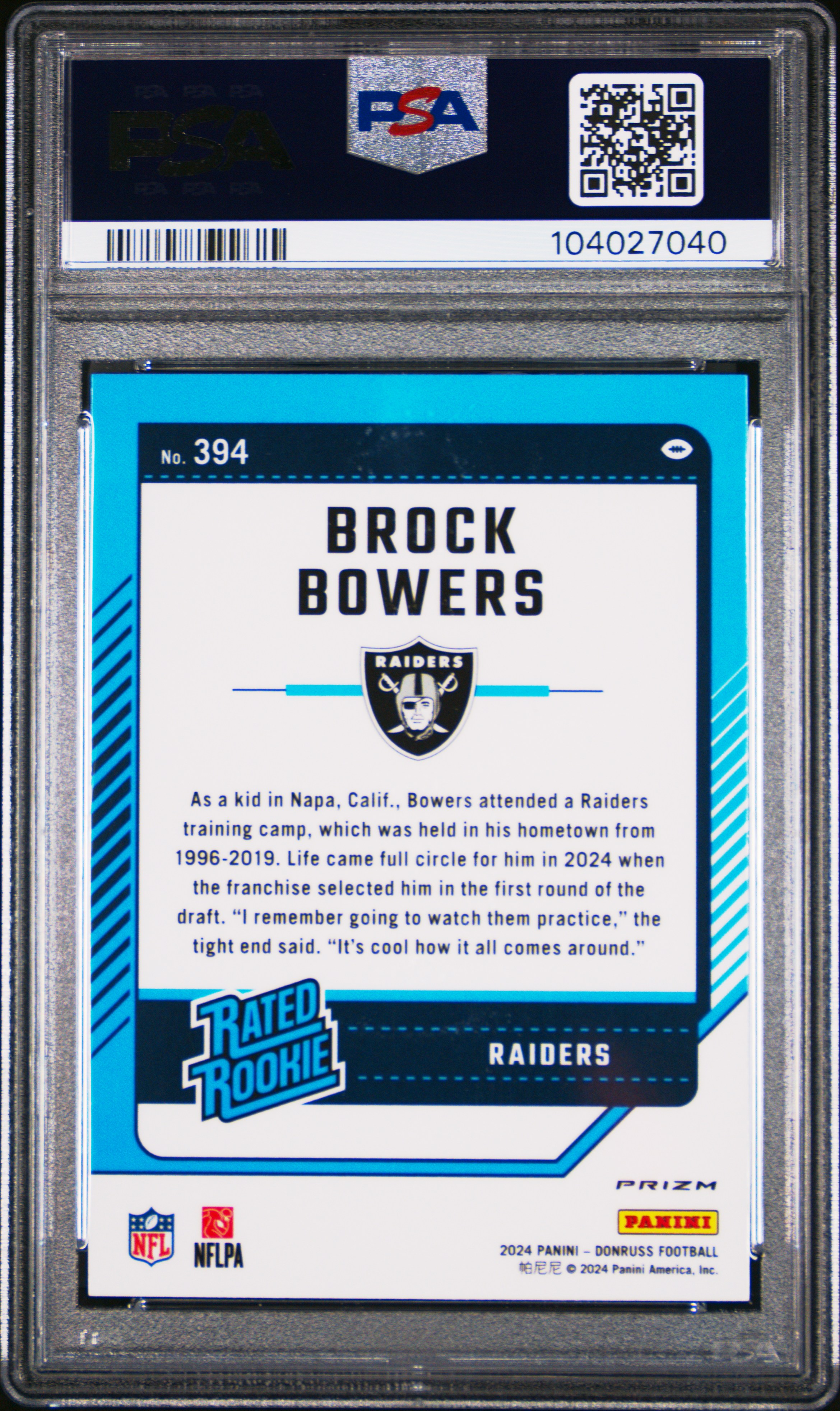 2024 Panini Donruss Brock Bowers #394 (Optic Preview-Red Pandora) Gem Mt 10 back