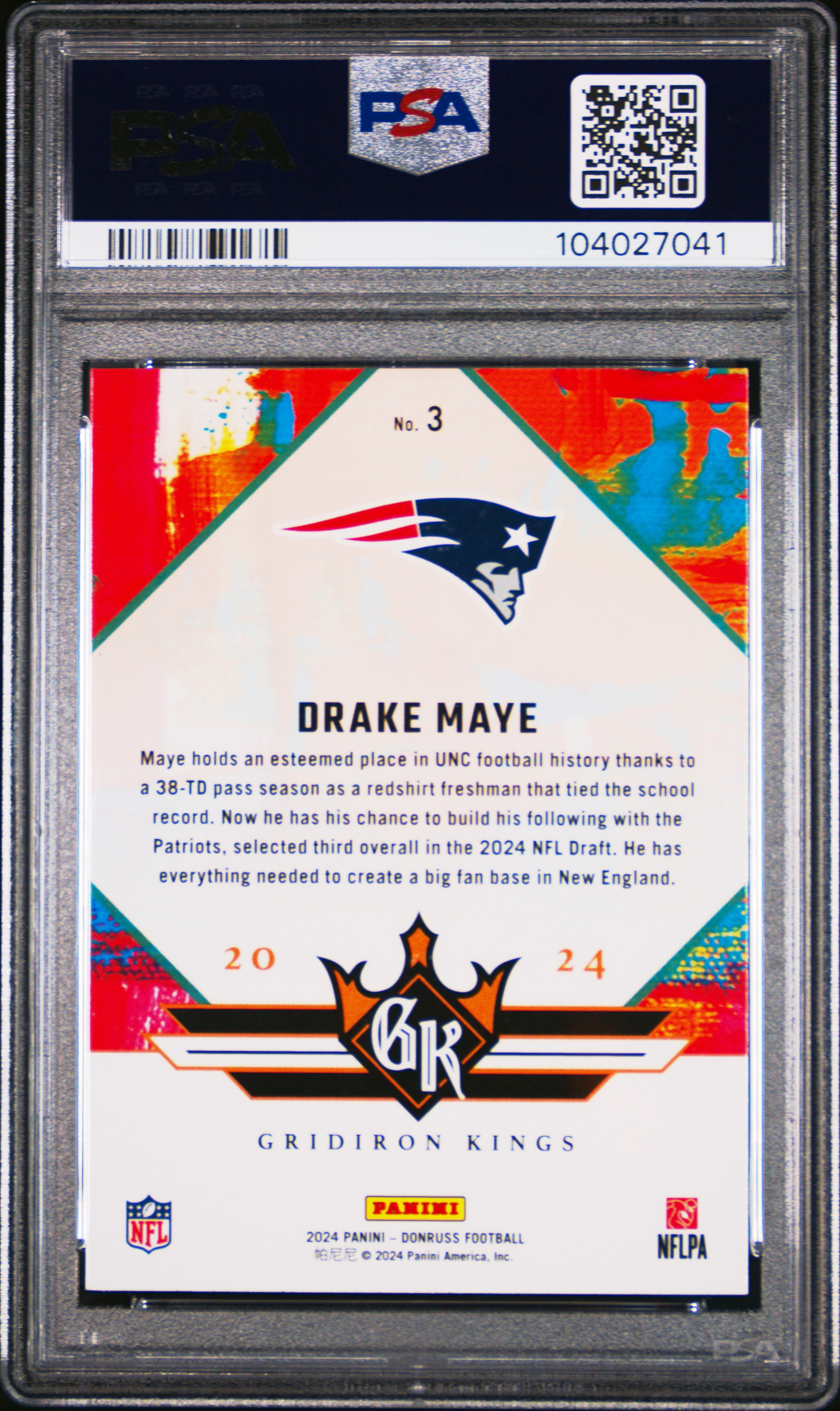 2024 Panini Donruss Rookie Gridiron Kings Drake Maye #3 Gem Mt 10 back