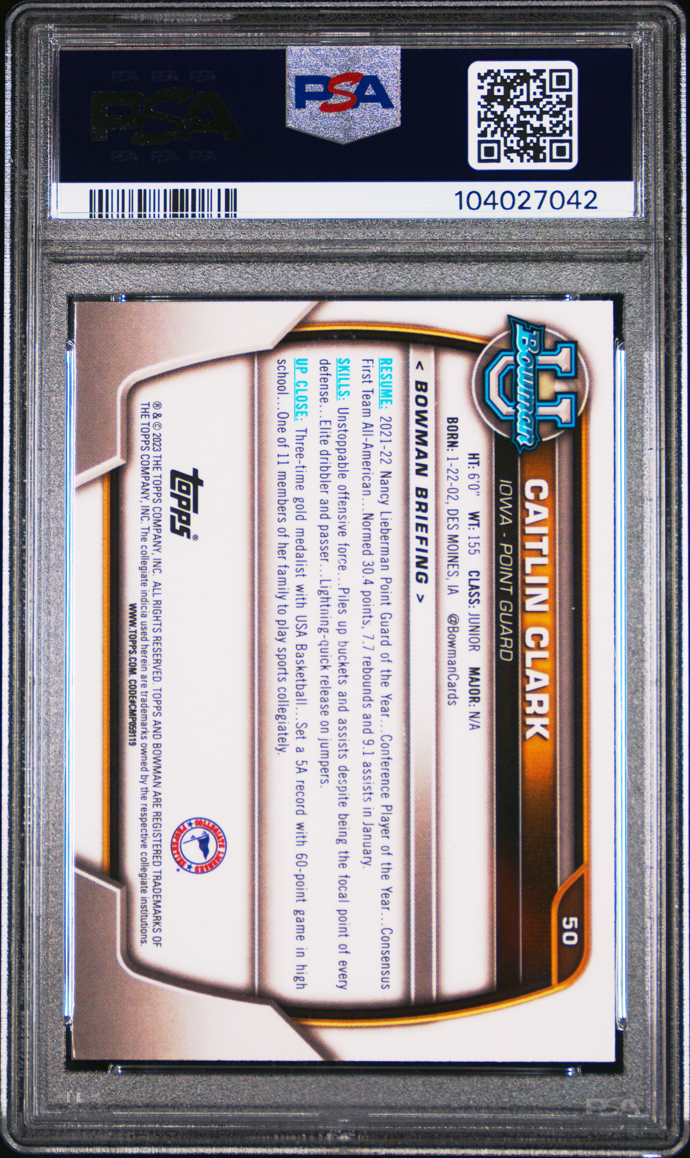 2022 Bowman Chrome University Caitlin Clark #50 Mint 9 back