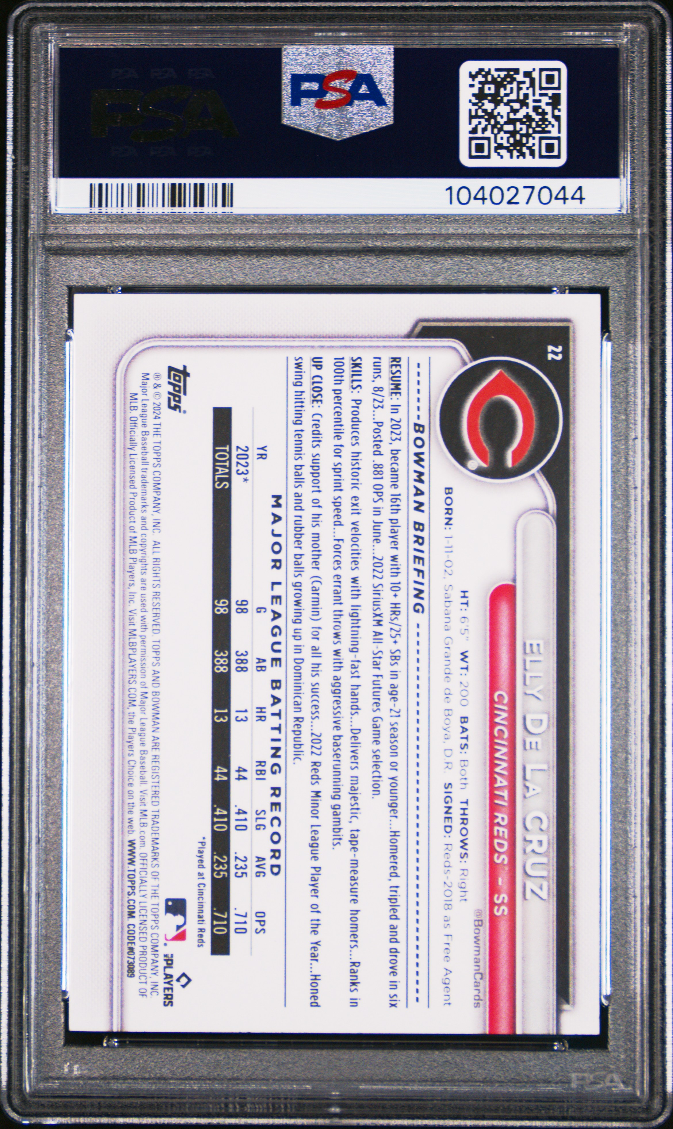 2024 Bowman Elly De La Cruz #22 Gem Mt 10 back