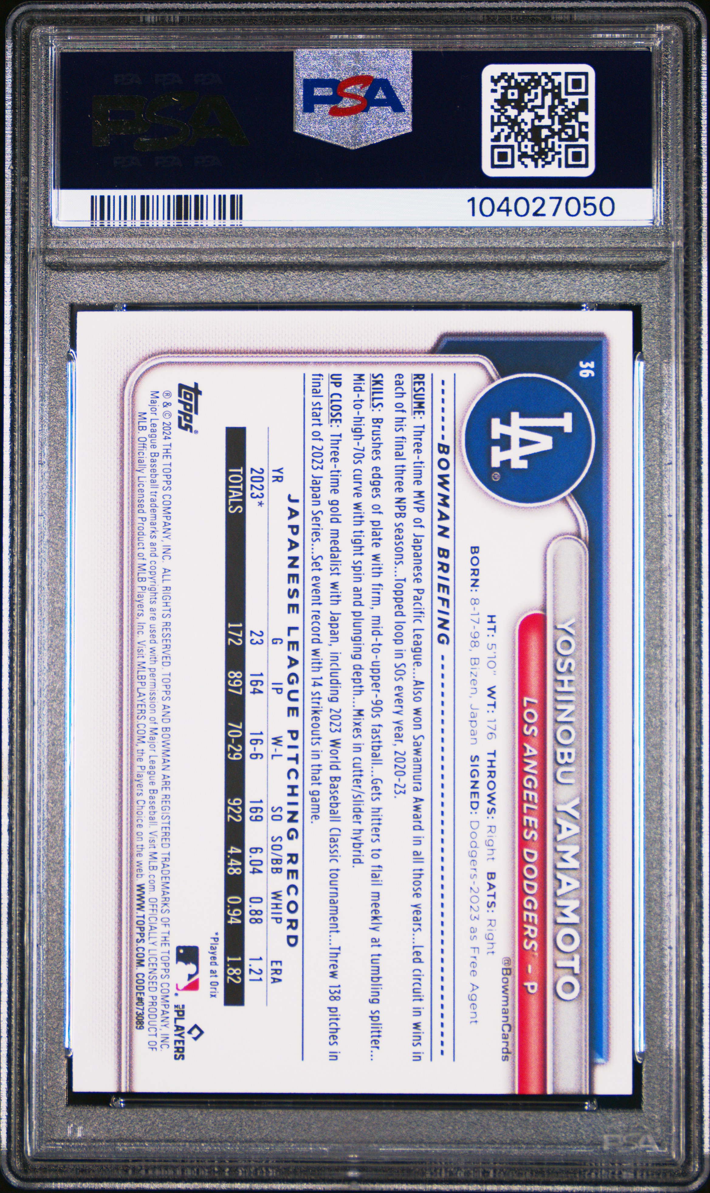 2024 Bowman Yoshinobu Yamamoto #36 Gem Mt 10 back