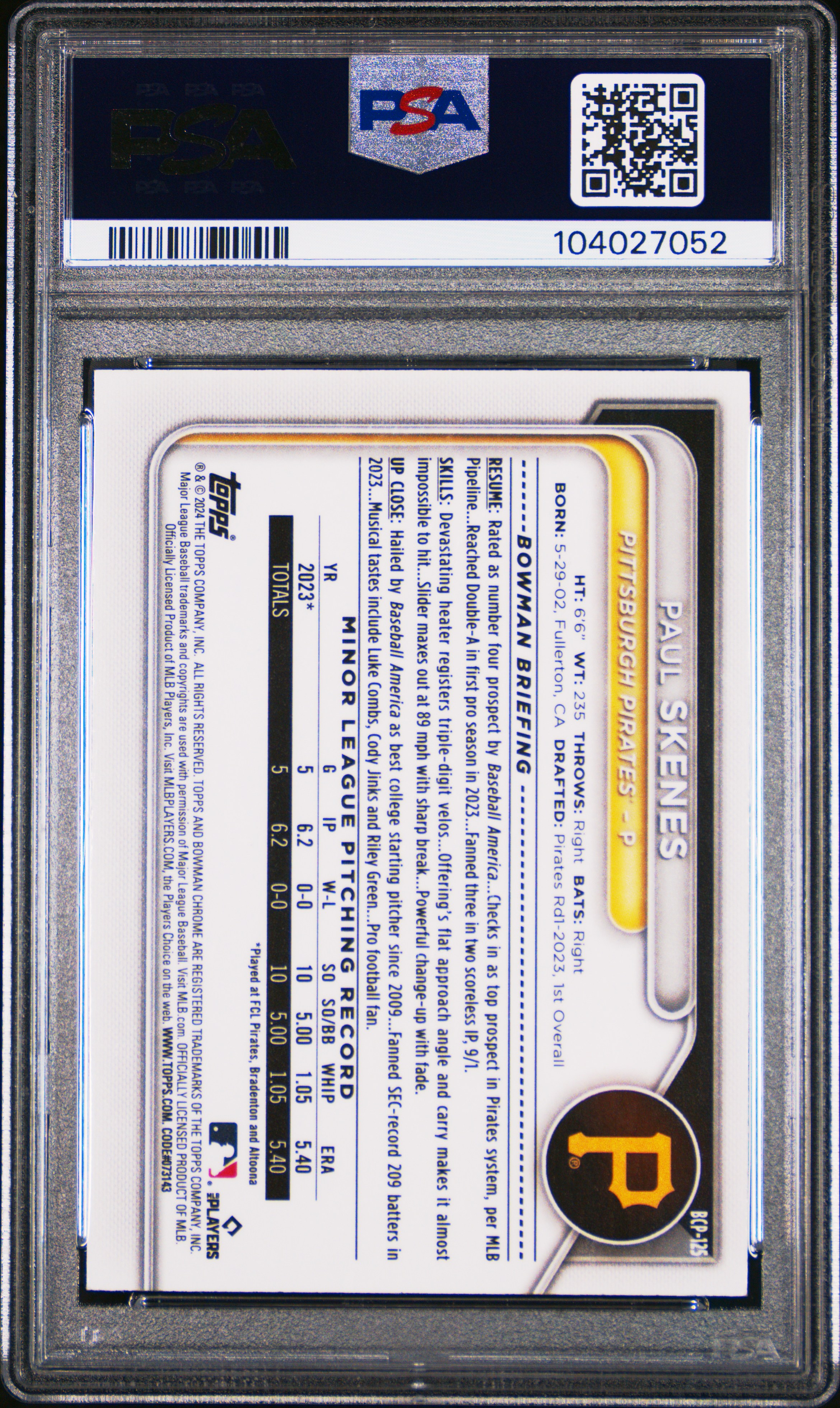 2024 Bowman Chrome Prospects Paul Skenes #Bcp125 Gem Mt 10 back