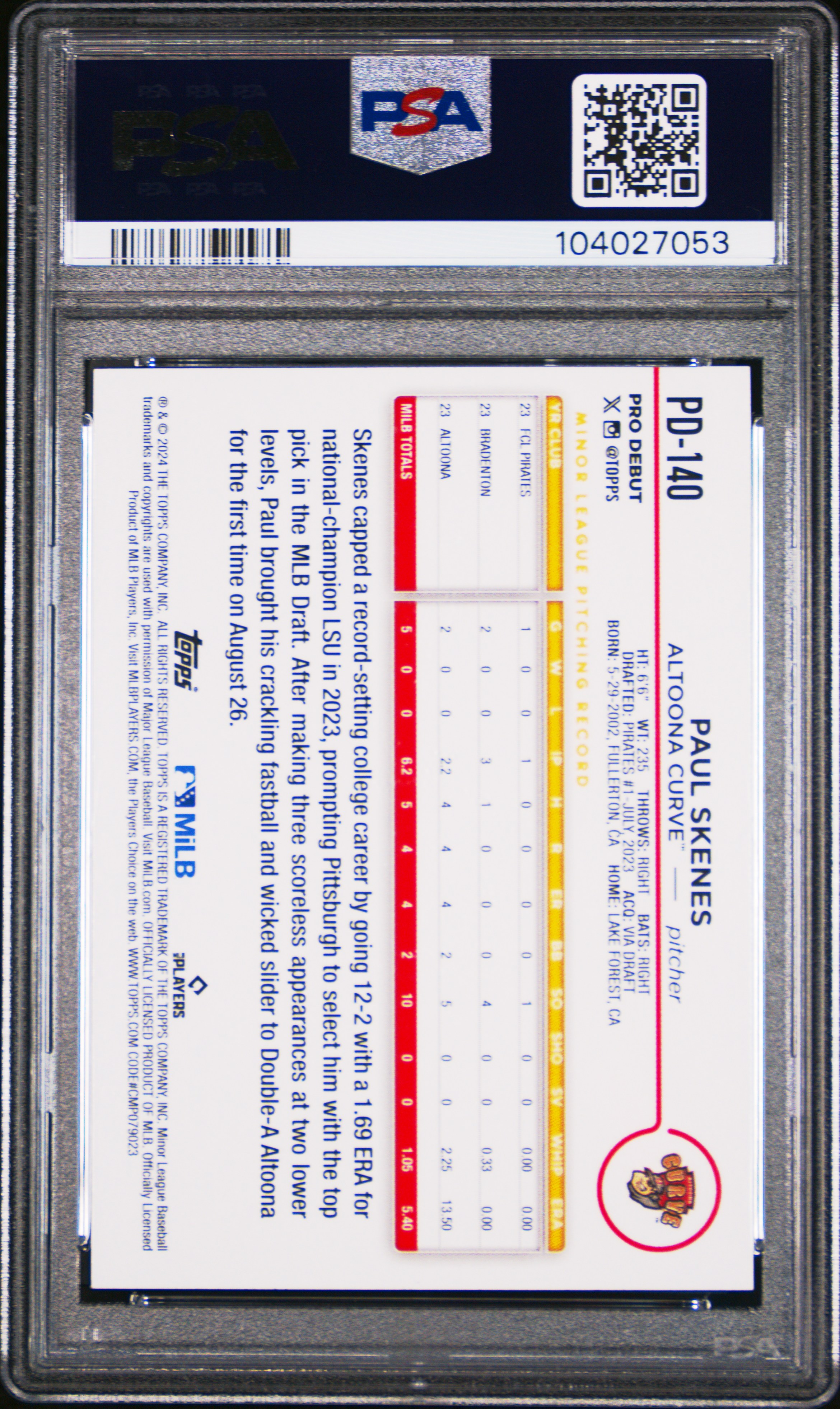 2024 Topps Pro Debut Paul Skenes #Pd140 Gem Mt 10 back