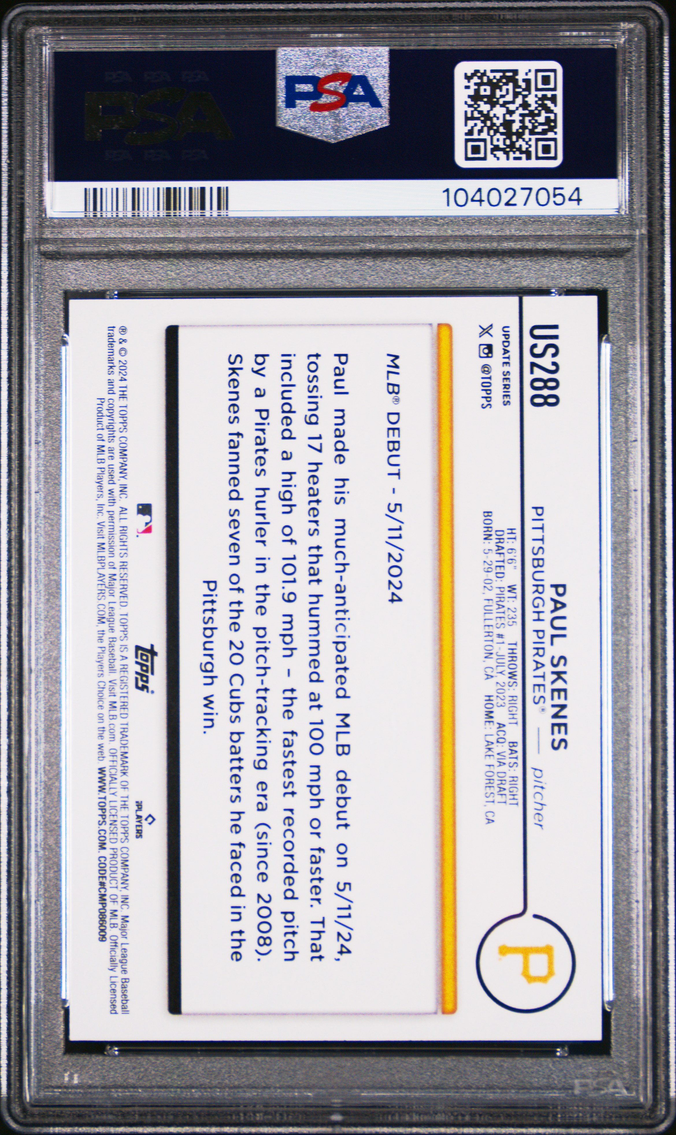 2024 Topps Update Paul Skenes #Us288 Mint 9 back