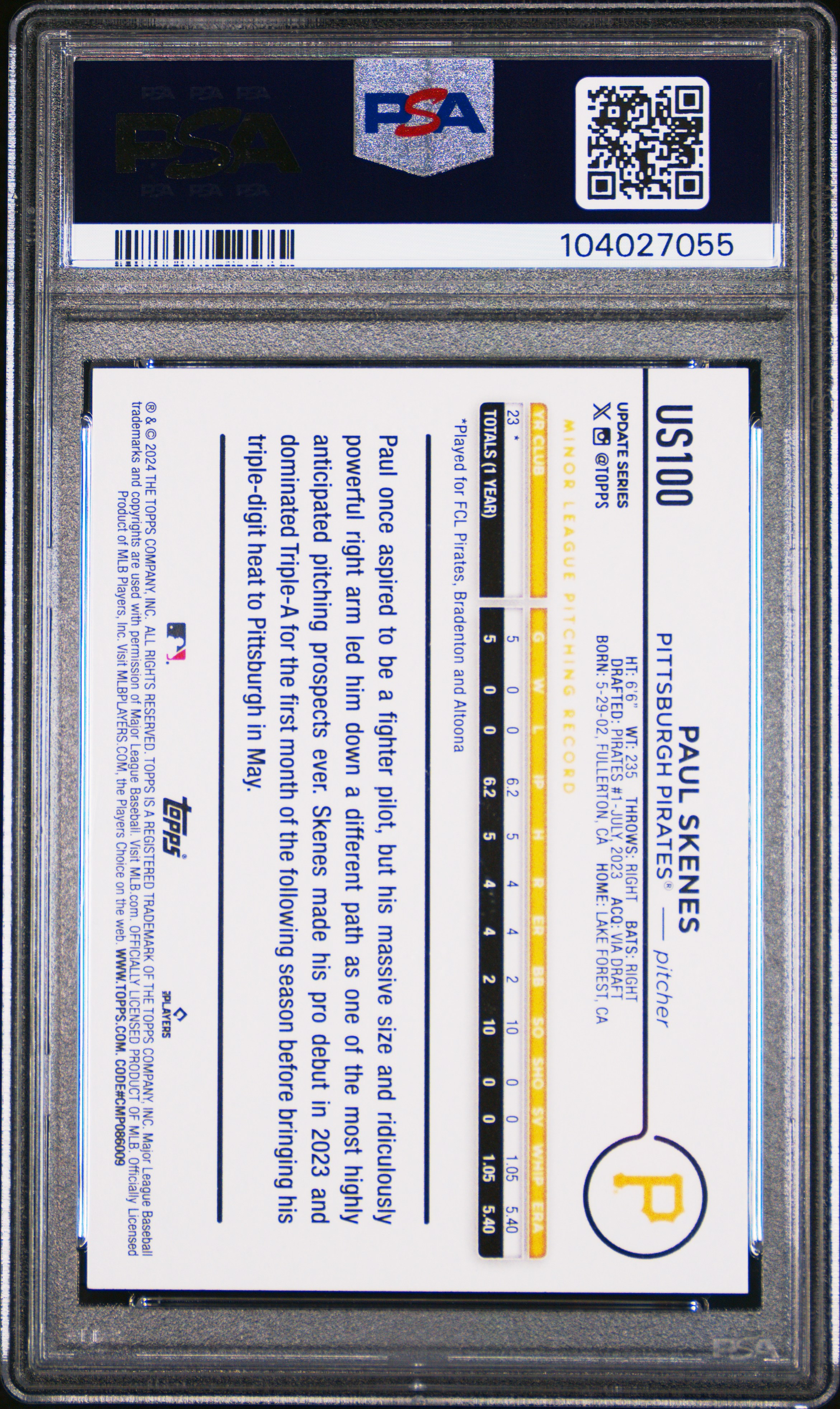 2024 Topps Update Paul Skenes #Us100 Gem Mt 10 back