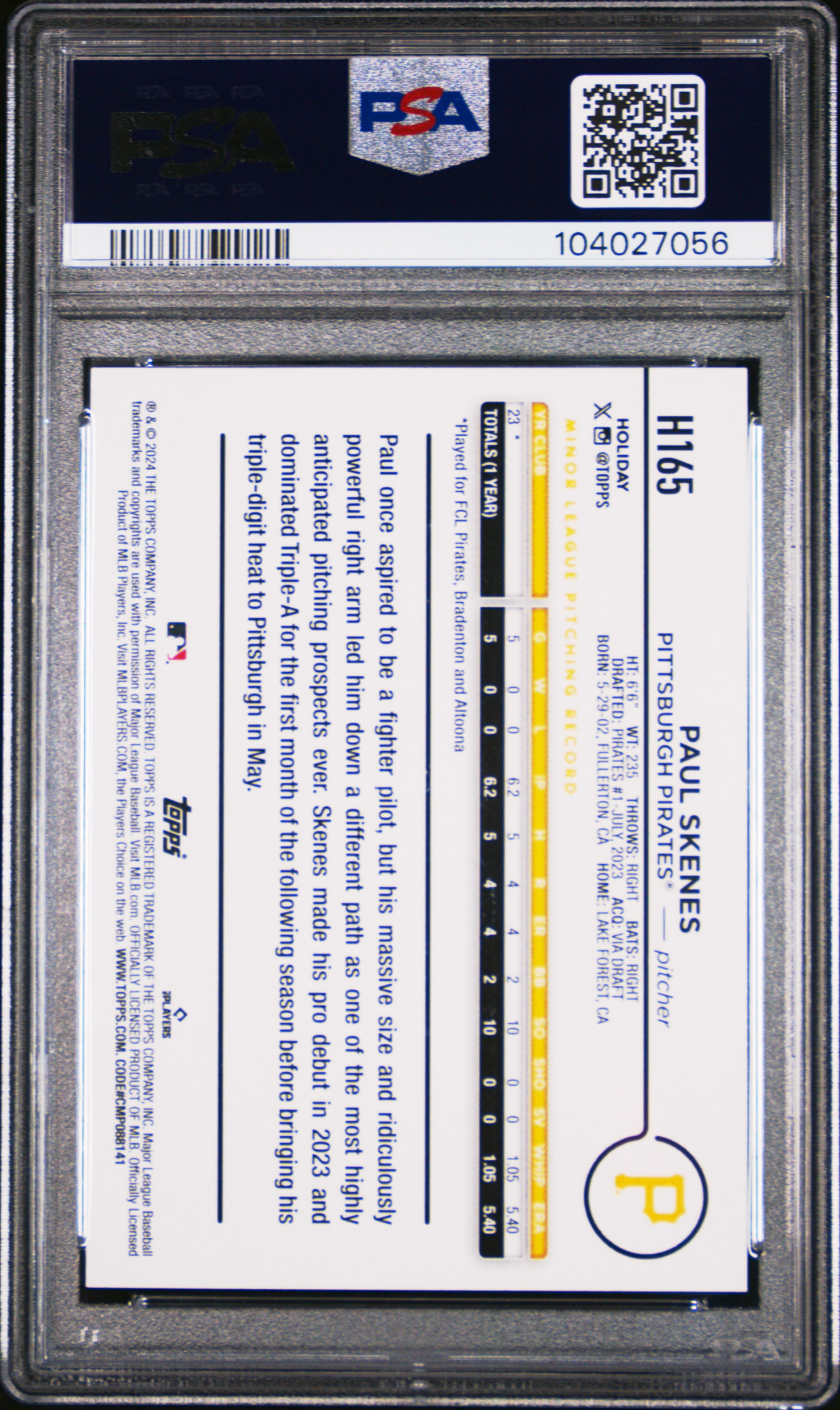 2024 Topps Holiday Paul Skenes #H165 Gem Mt 10 back