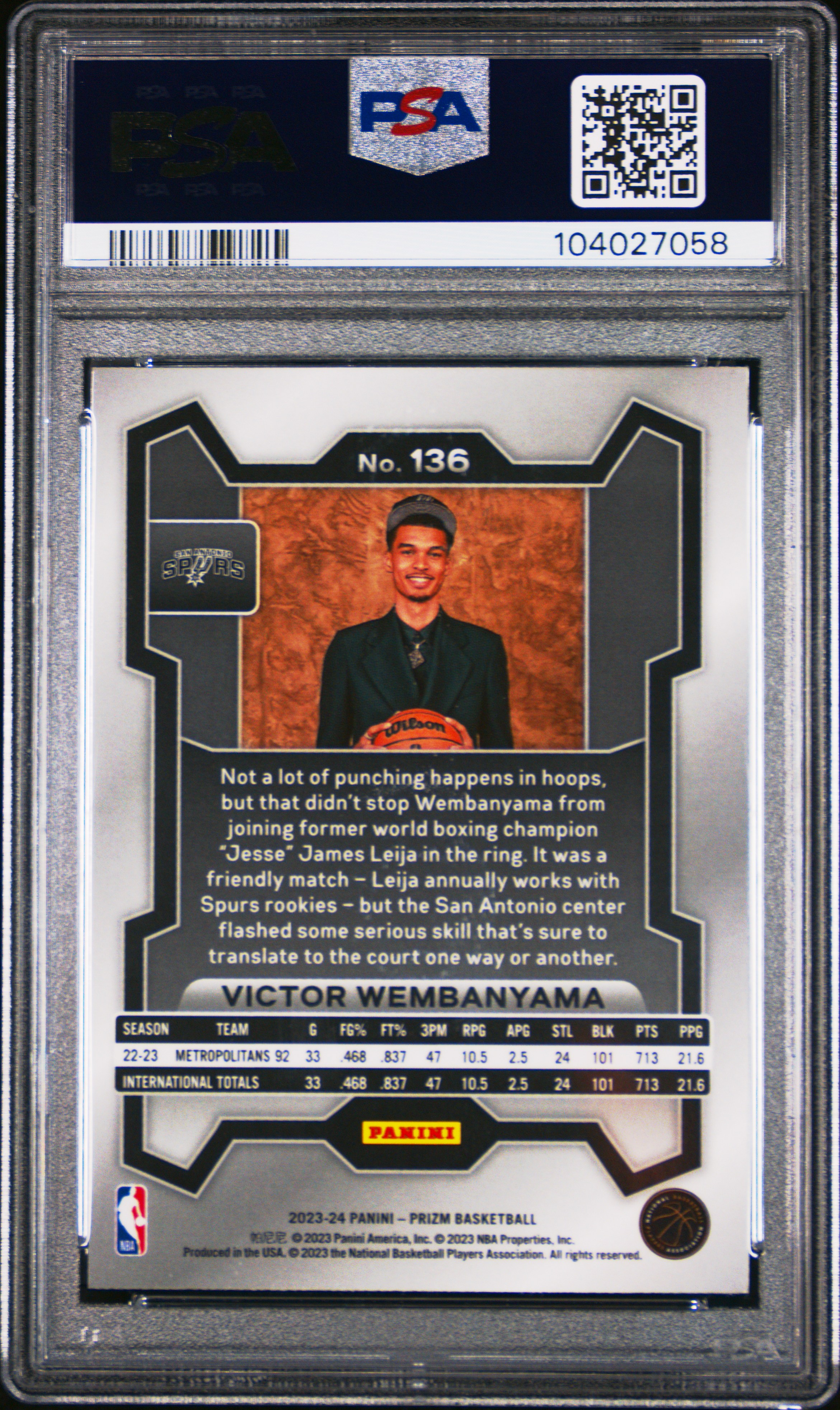 2023 Panini Prizm Victor Wembanyama #136 (Variation) Gem Mt 10 back