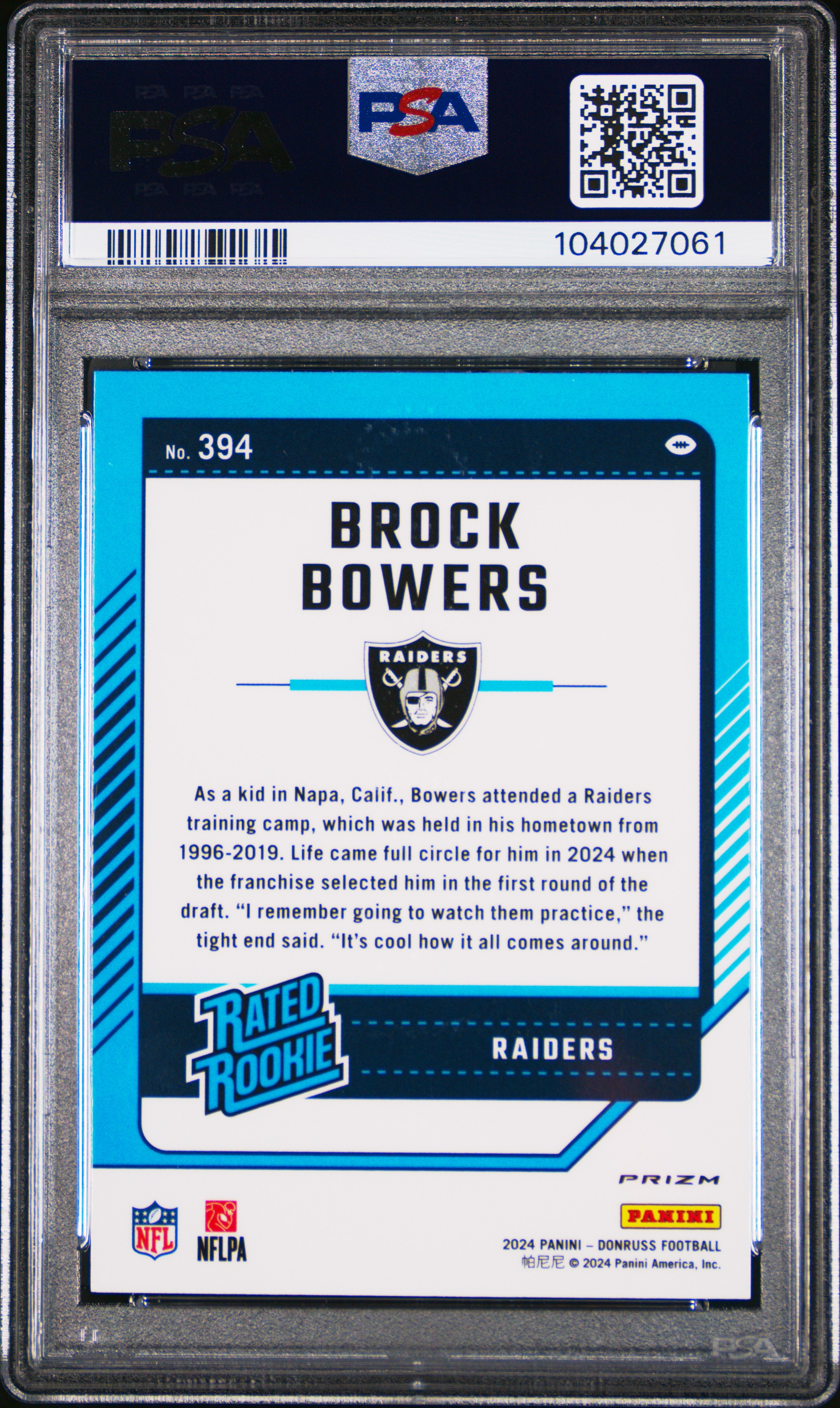 2024 Panini Donruss Brock Bowers #394 (Optic Preview-Red Pandora) Mint 9 back