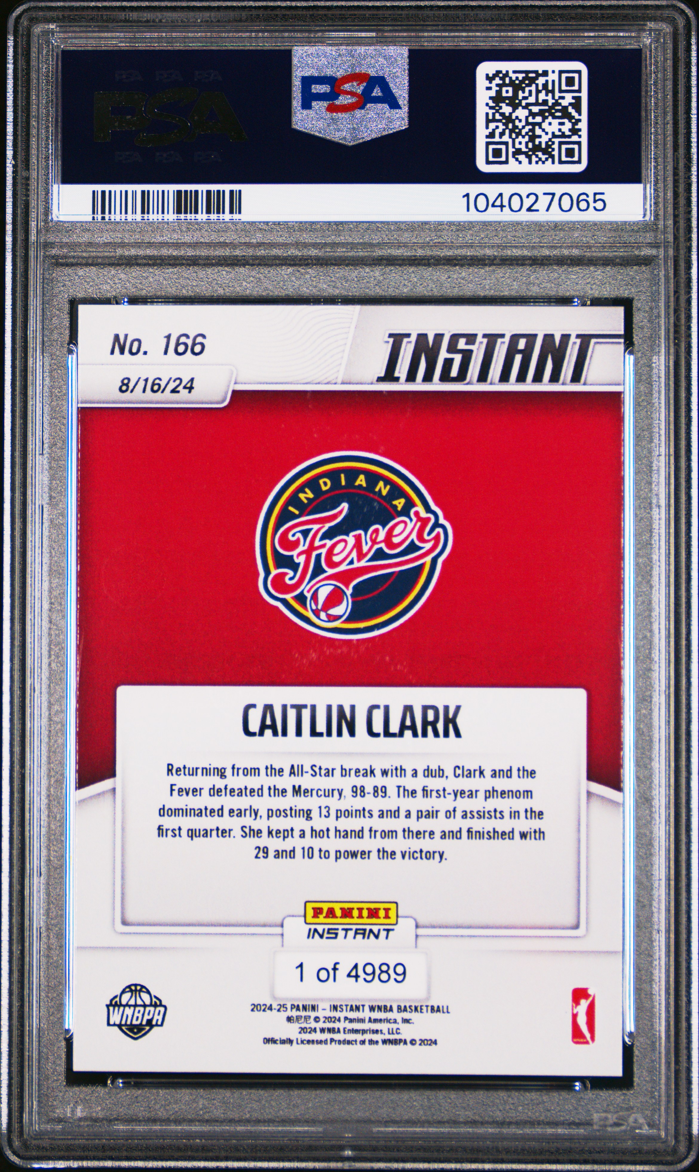 2024 Panini Instant Wnba Caitlin Clark #166 Gem Mt 10 back