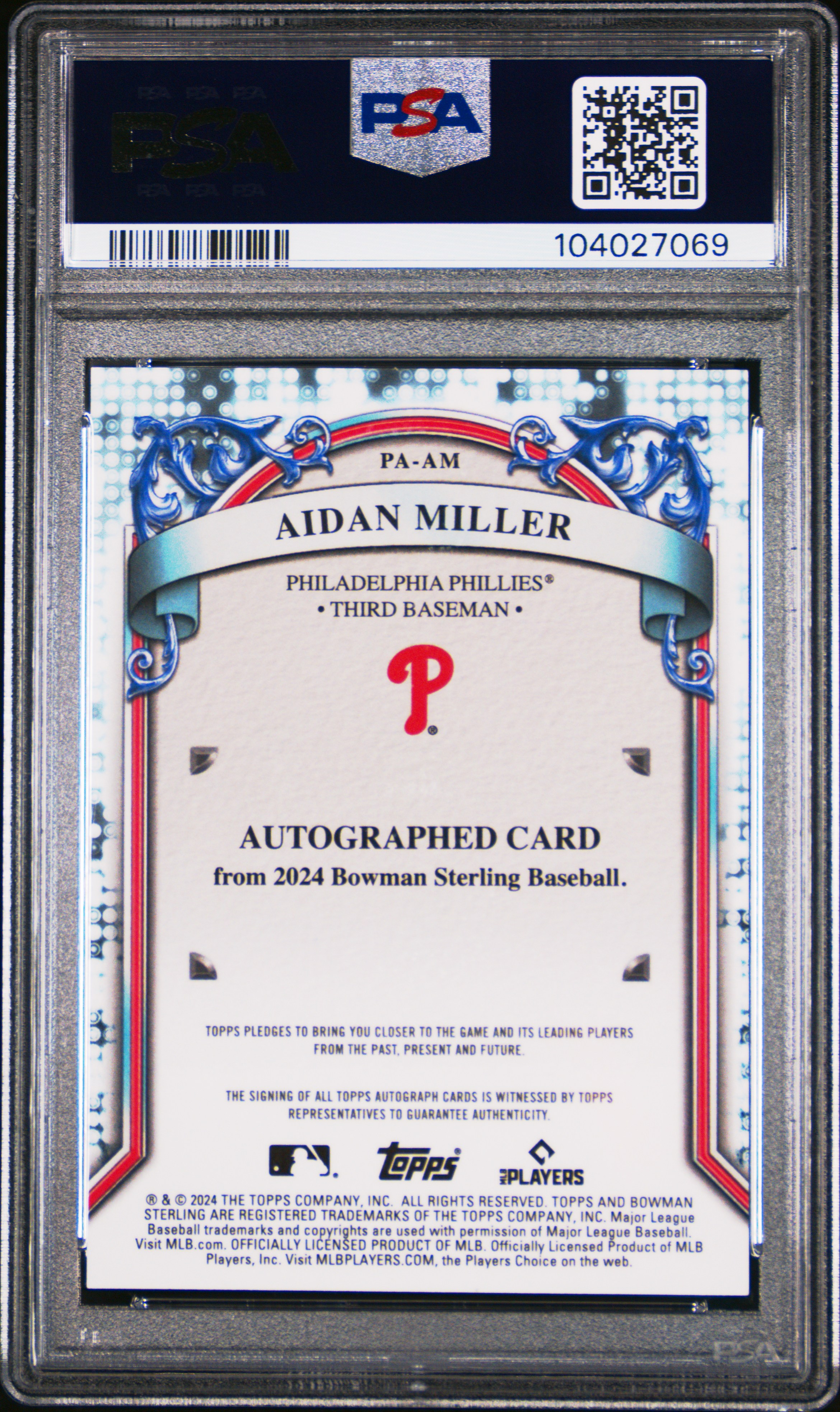2024 Bowman Sterling Prospect Autographs Aidan Miller #Paam (Prospect Auto-Speckle Ref) Gem Mt 10 back