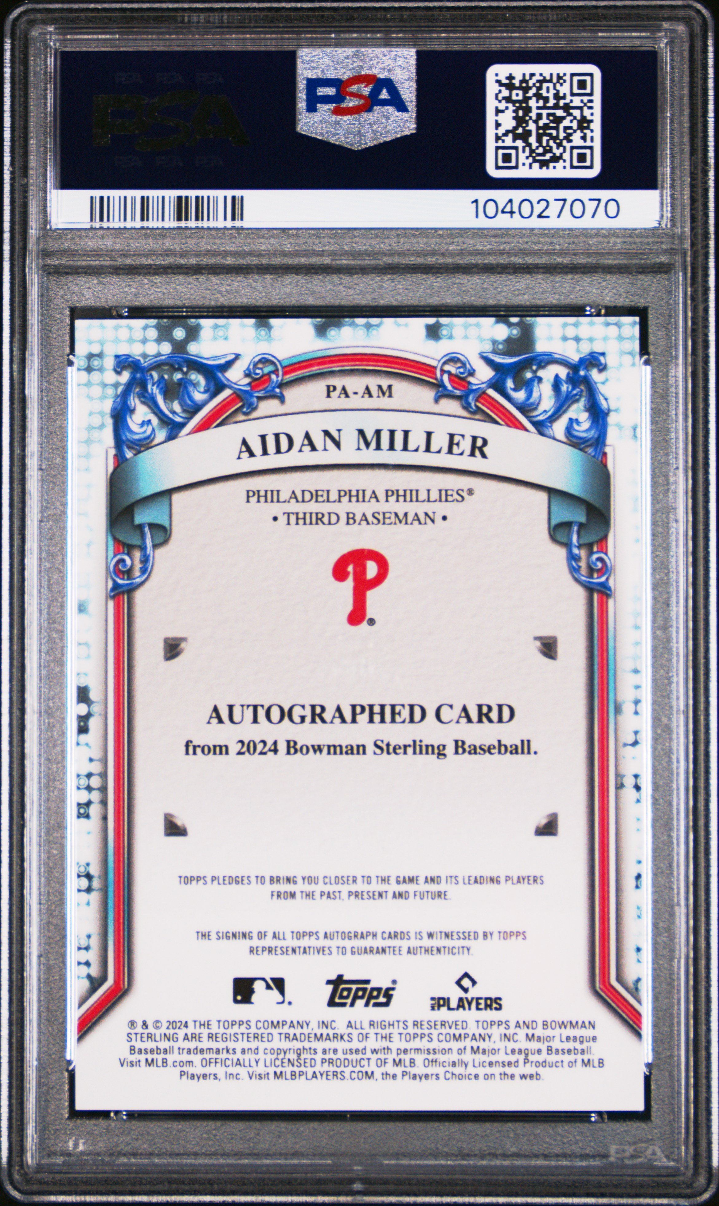 2024 Bowman Sterling Prospect Autographs Aidan Miller #Paam (Prospect Au-Wave Refractor) Gem Mt 10 back