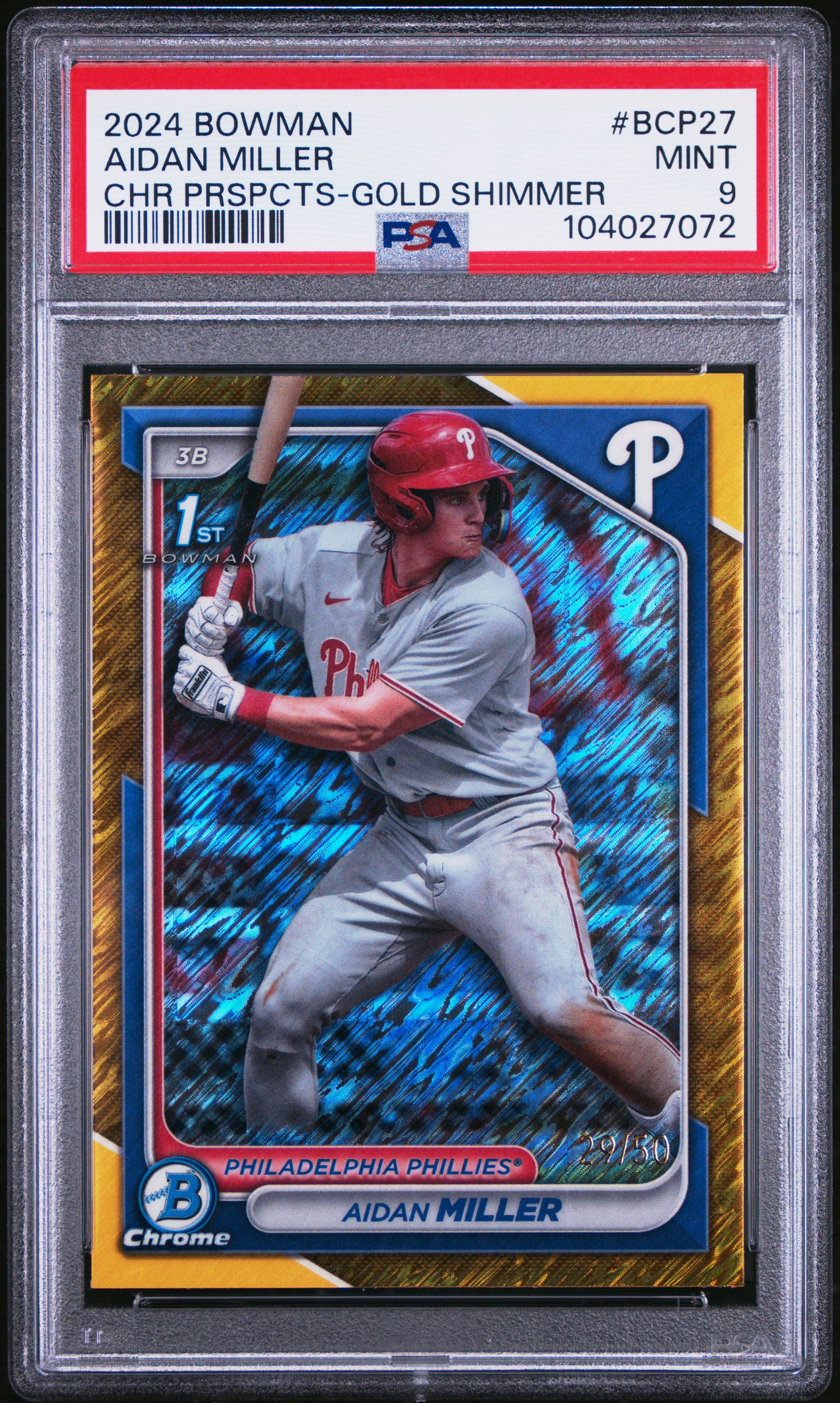 2024 Bowman Chrome Prospects Aidan Miller #Bcp27 (Chr Prspcts-Gold Shimmer) Mint 9 front