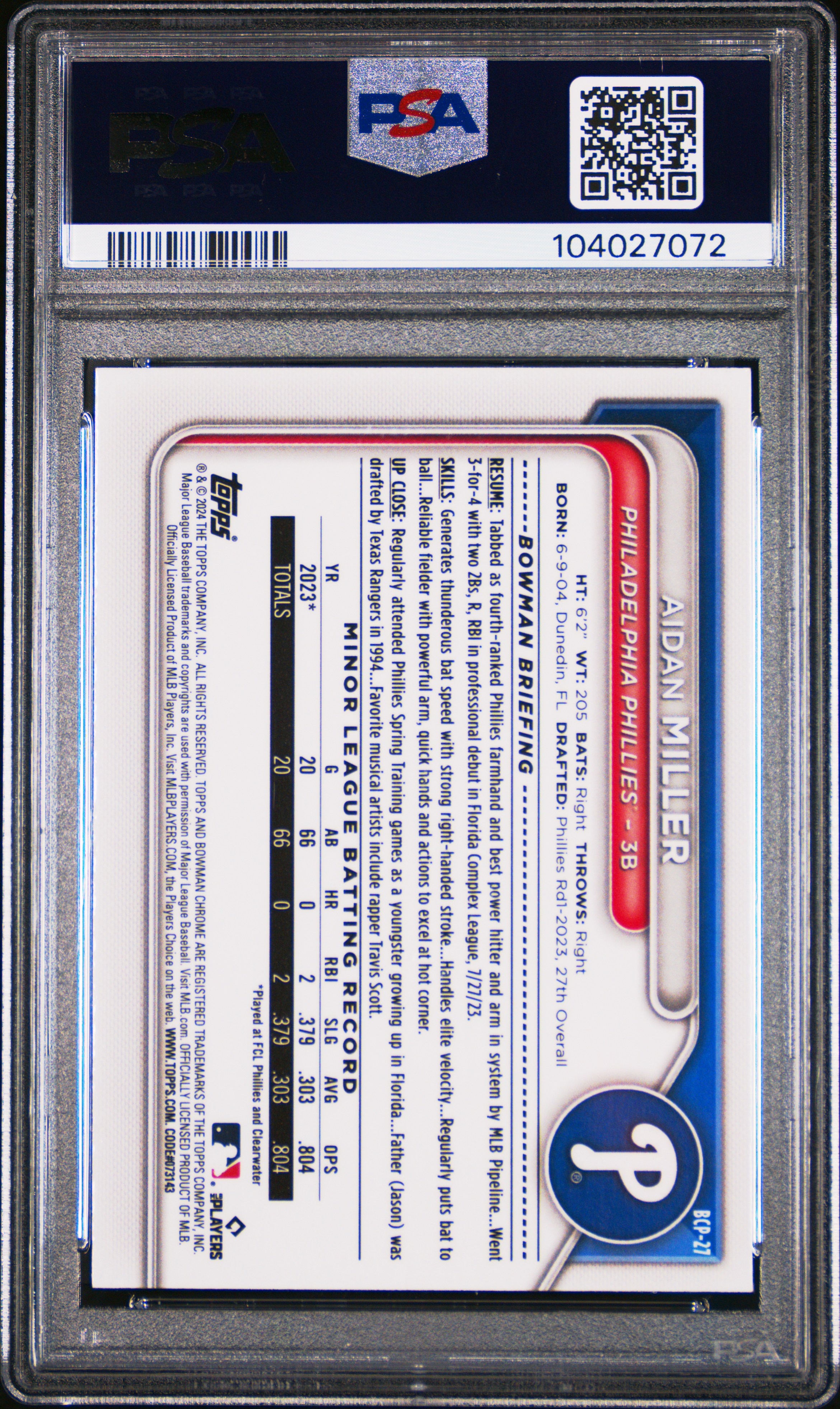 2024 Bowman Chrome Prospects Aidan Miller #Bcp27 (Chr Prspcts-Gold Shimmer) Mint 9 back