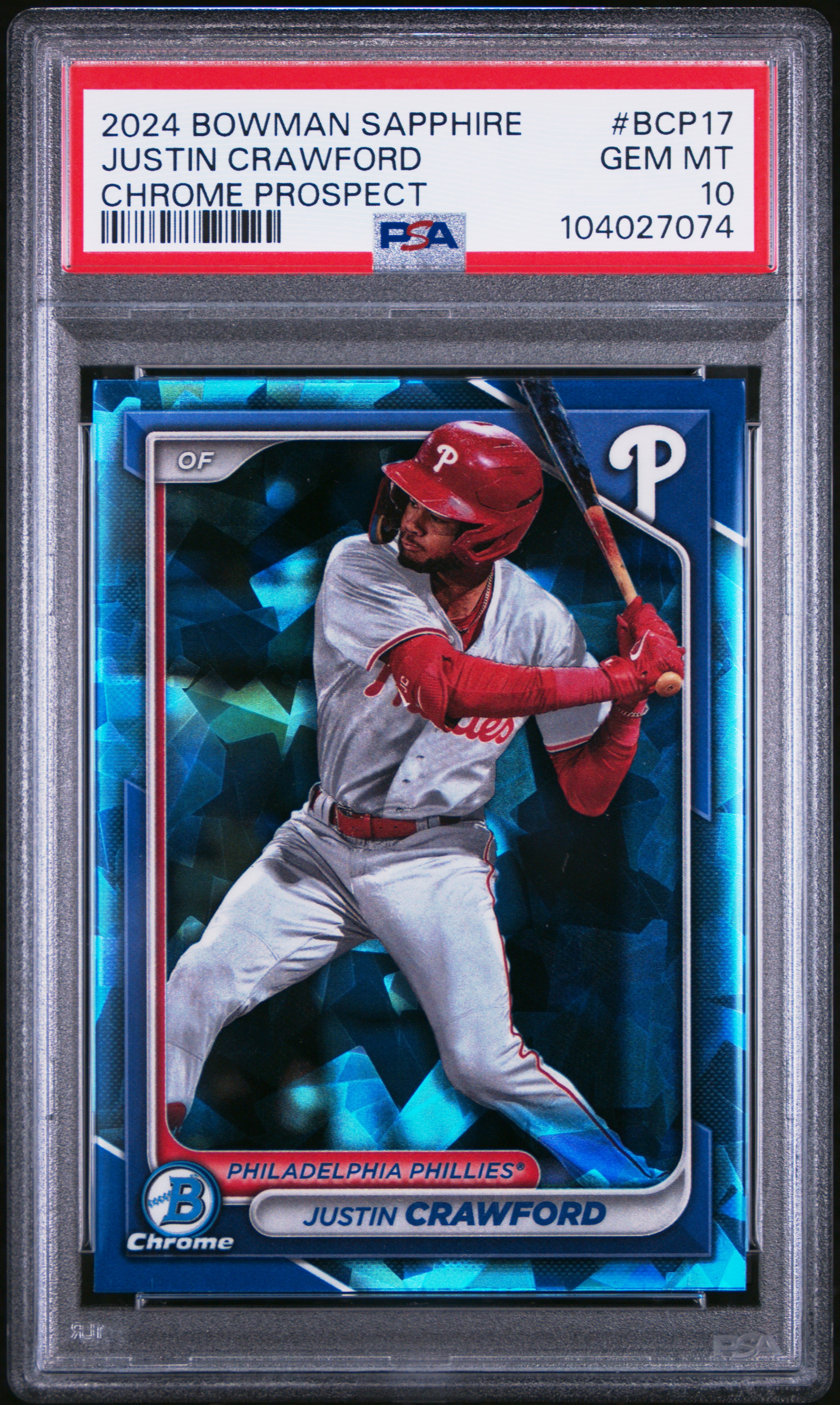 2024 Bowman Sapphire Edition Chrome Prospects Justin Crawford #Bcp17 (Chrome Prospect) Gem Mt 10 front