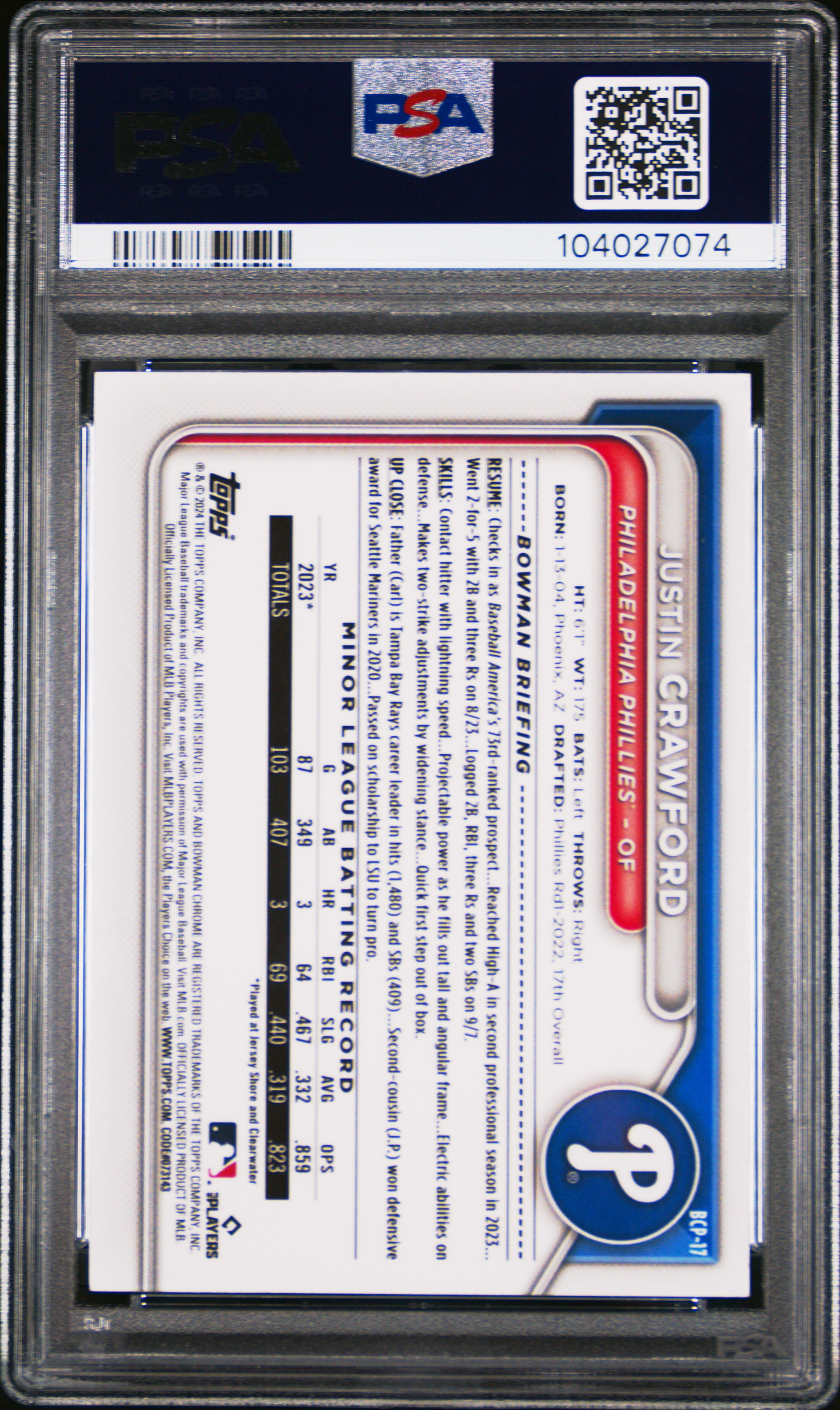 2024 Bowman Sapphire Edition Chrome Prospects Justin Crawford #Bcp17 (Chrome Prospect) Gem Mt 10 back