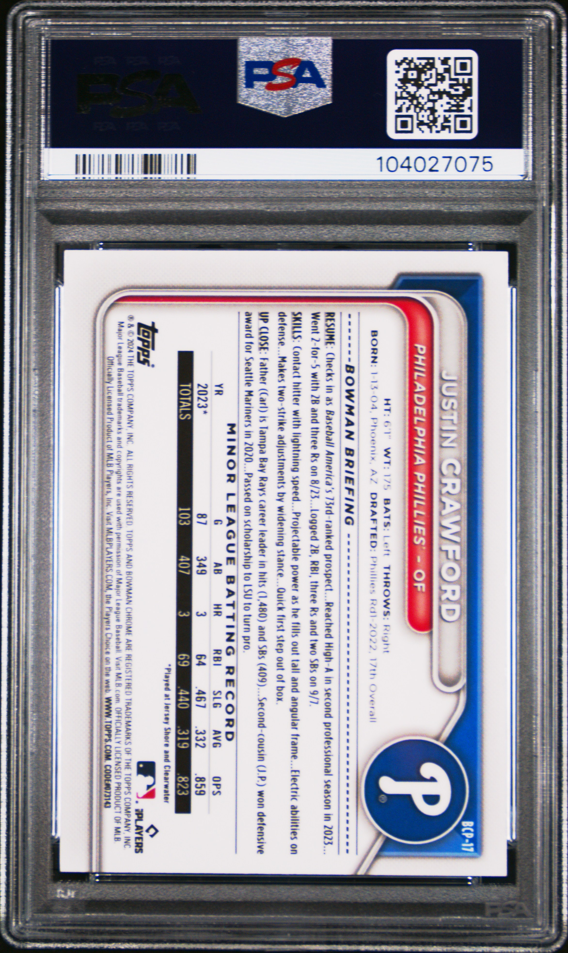 2024 Bowman Sapphire Edition Chrome Prospects Justin Crawford #Bcp17 (Chrome Prospect) Gem Mt 10 back