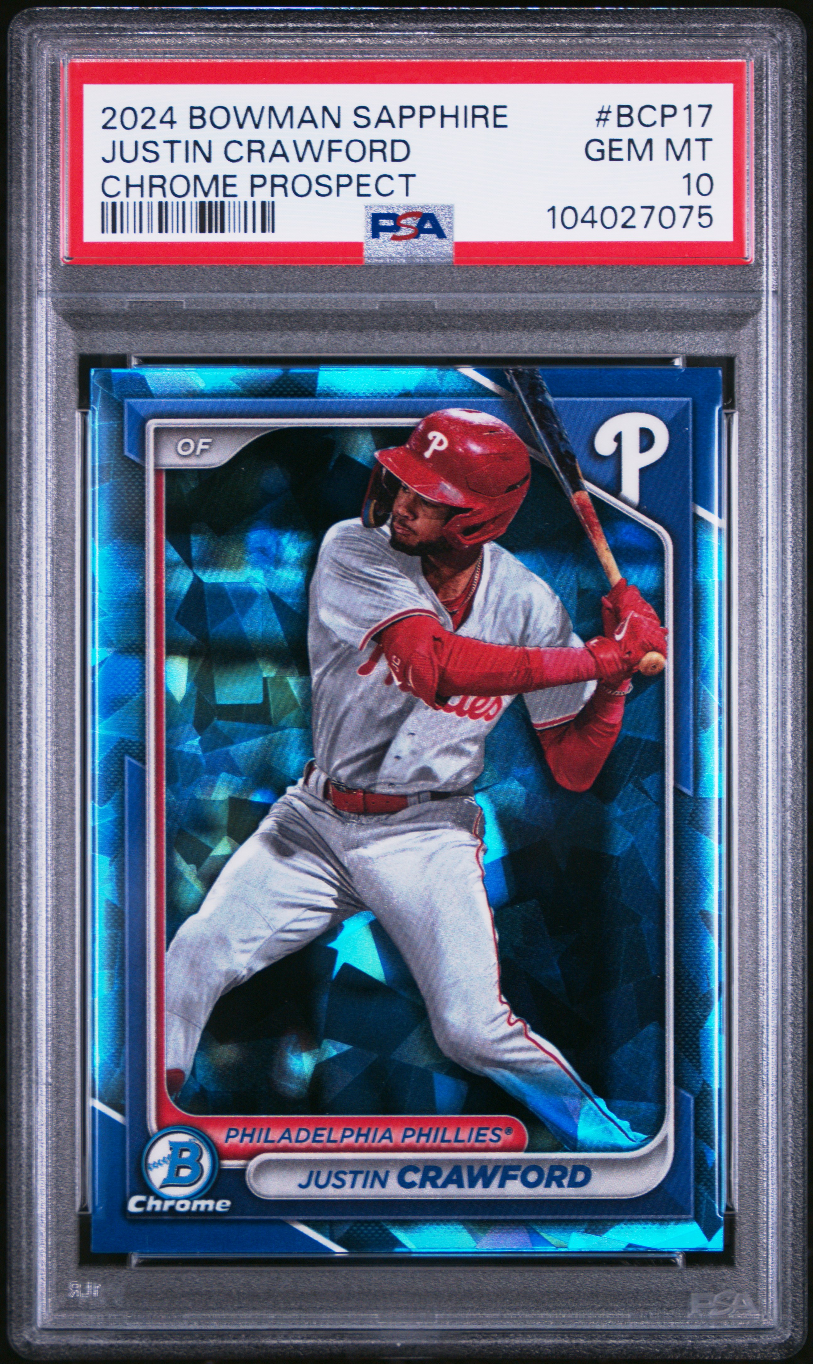 2024 Bowman Sapphire Edition Chrome Prospects Justin Crawford #Bcp17 (Chrome Prospect) Gem Mt 10 front