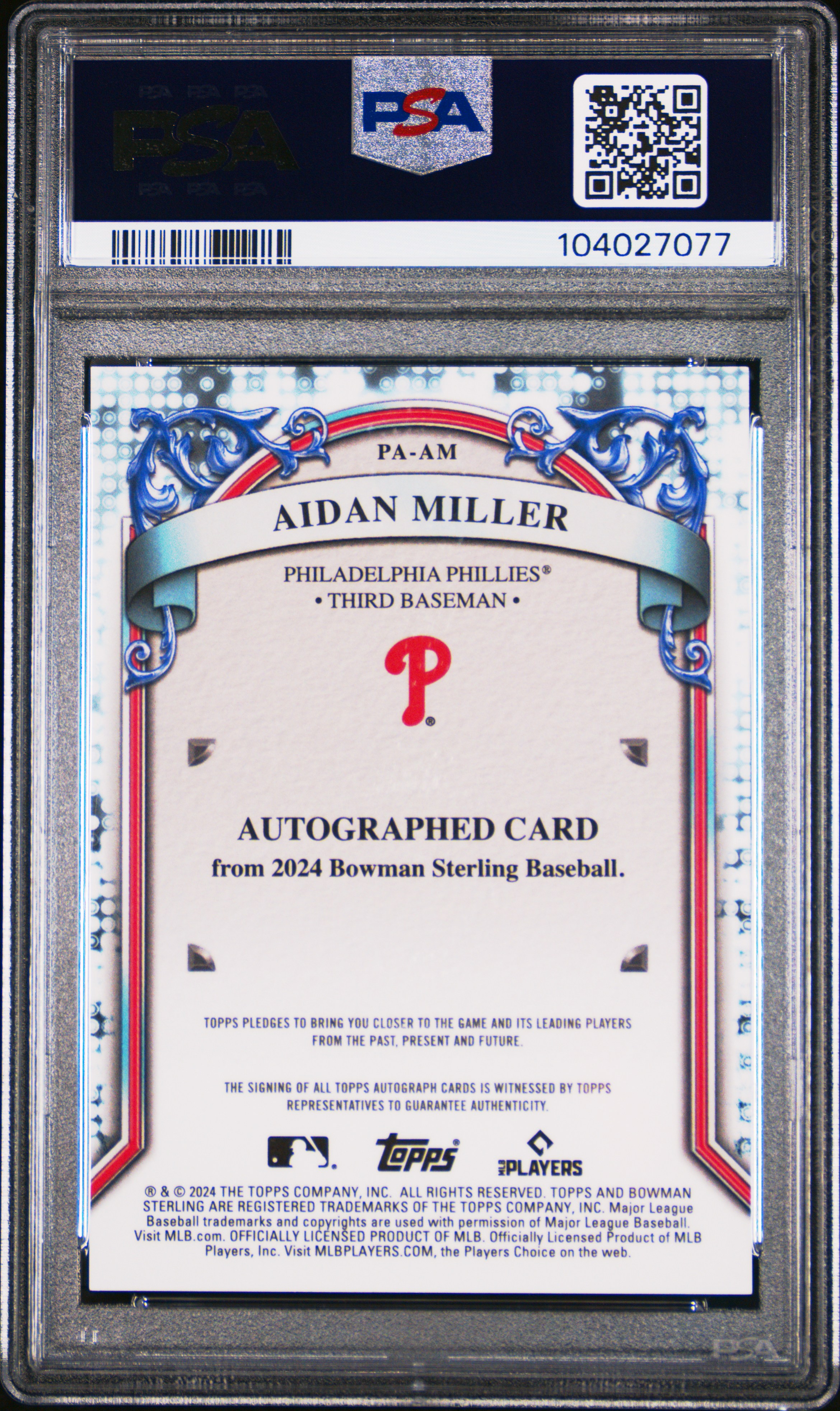 2024 Bowman Sterling Prospect Autographs Aidan Miller #Paam Gem Mt 10 back