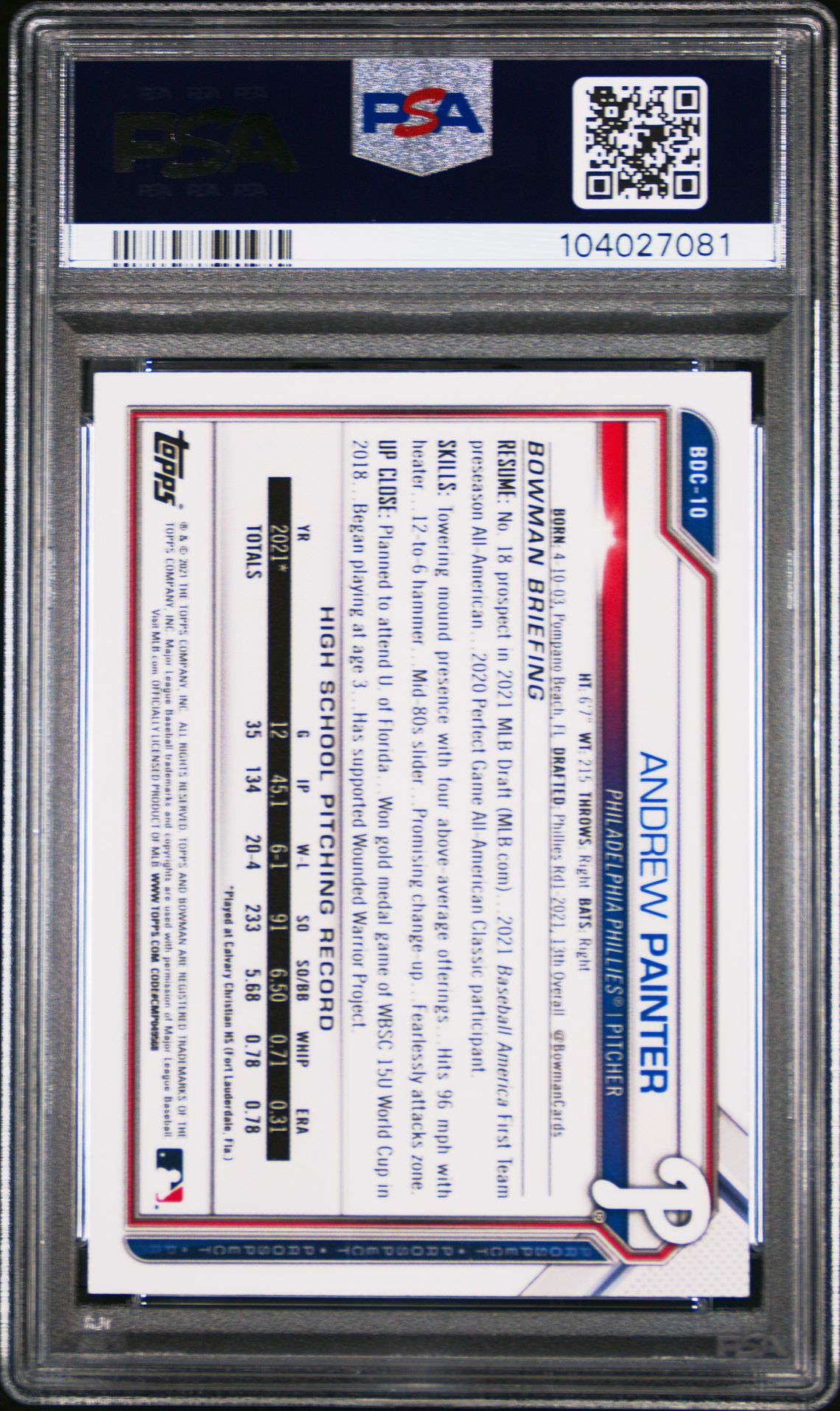 2021 Bowman Draft Andrew Painter #Bdc10 (Chrome-Sky Blue Refractor) Mint 9 back