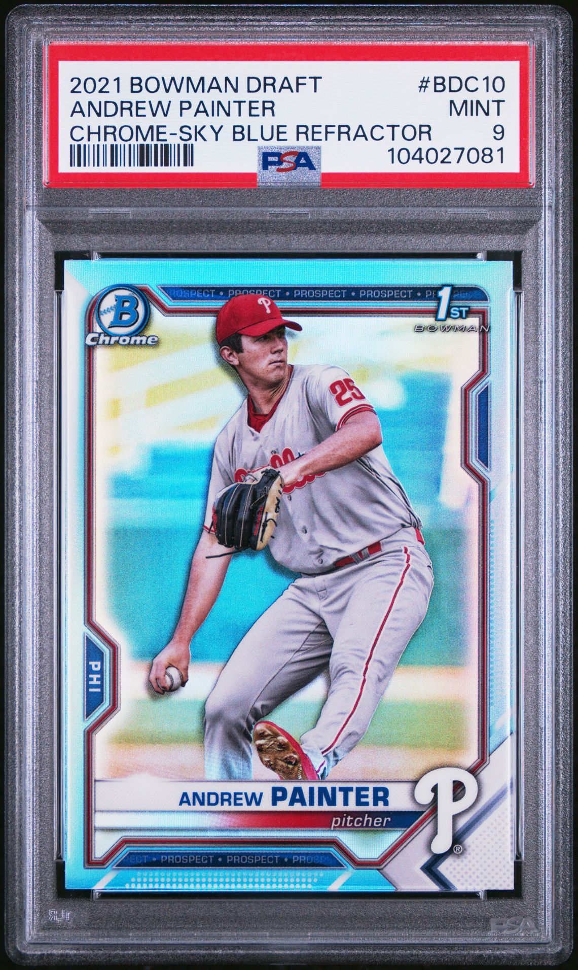 2021 Bowman Draft Andrew Painter #Bdc10 (Chrome-Sky Blue Refractor) Mint 9 front