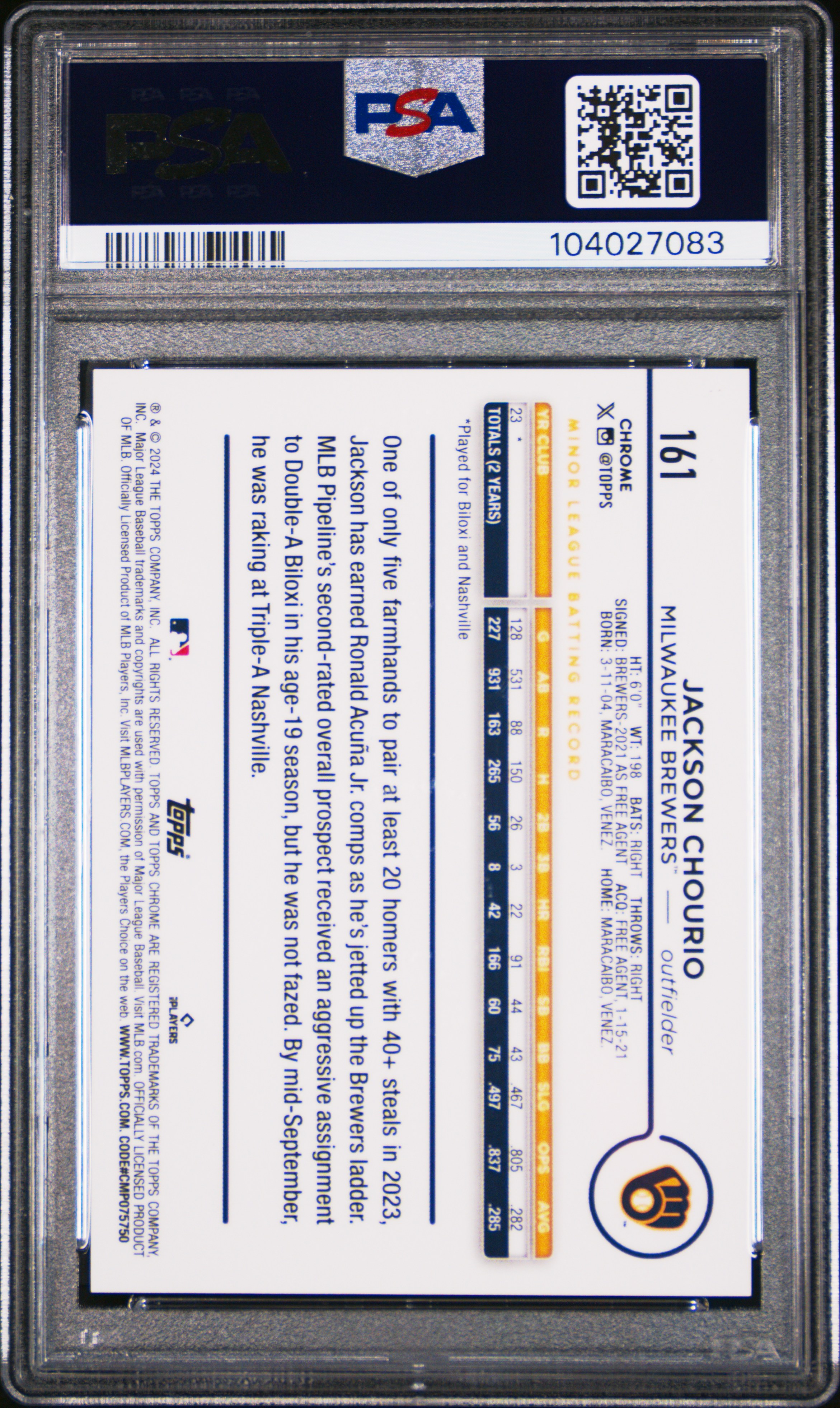 2024 Topps Chrome Jackson Chourio #161 (Variation) Gem Mt 10 back