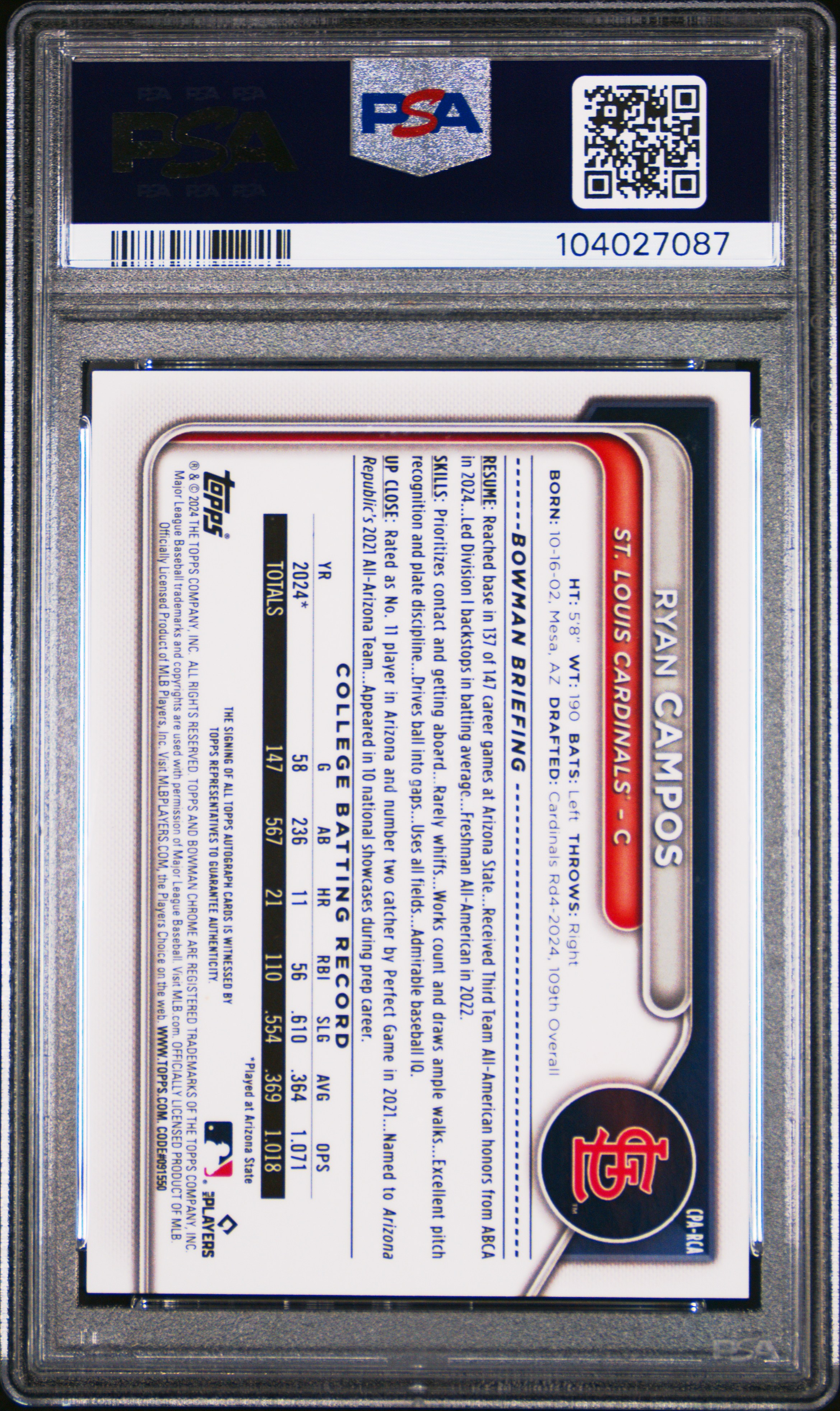 2024 Bowman Draft Chrome Prospect Autographs Ryan Campos #Cparca (Chr Prospect Au-Blue Wave) Gem Mt 10 back