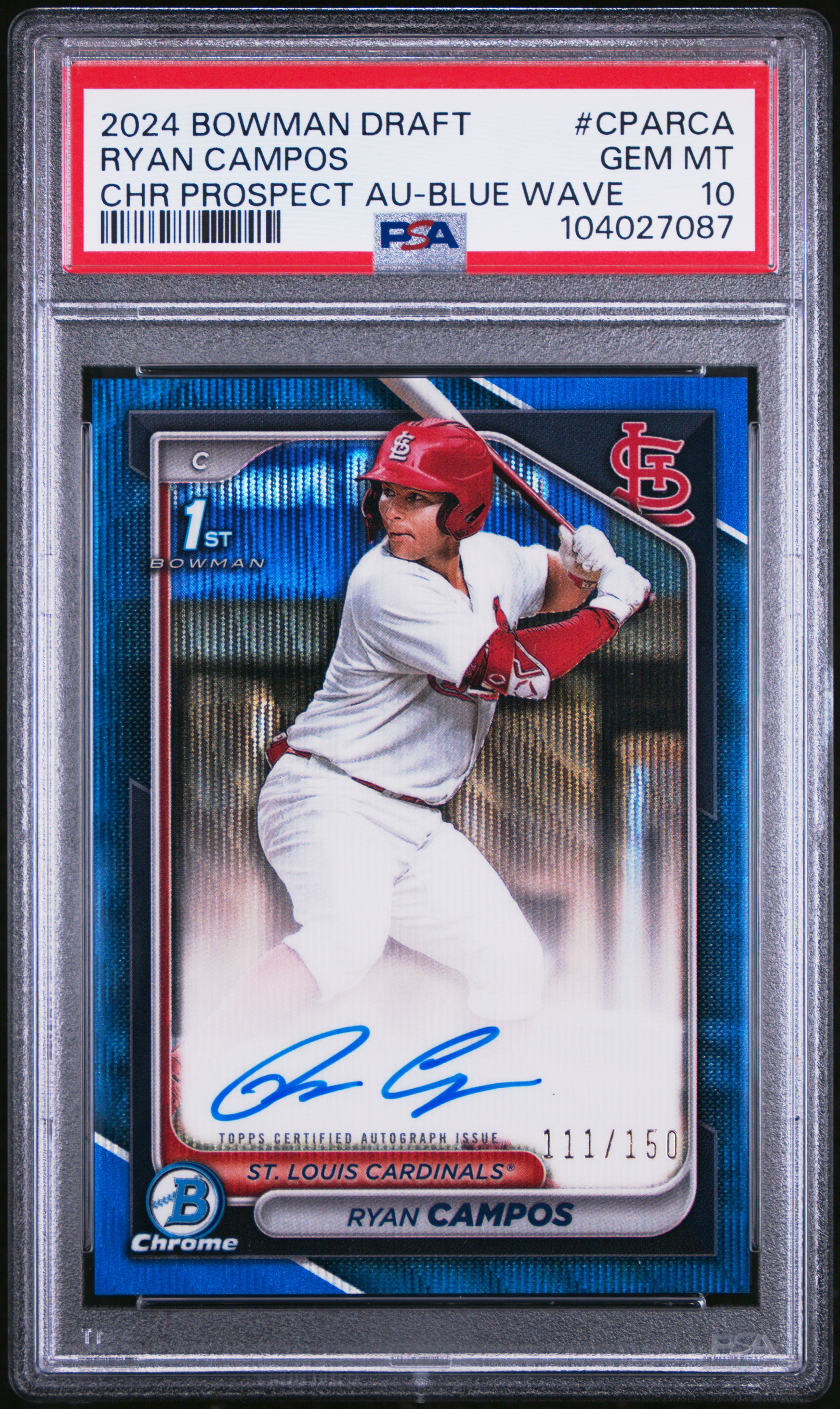 2024 Bowman Draft Chrome Prospect Autographs Ryan Campos #Cparca (Chr Prospect Au-Blue Wave) Gem Mt 10 front