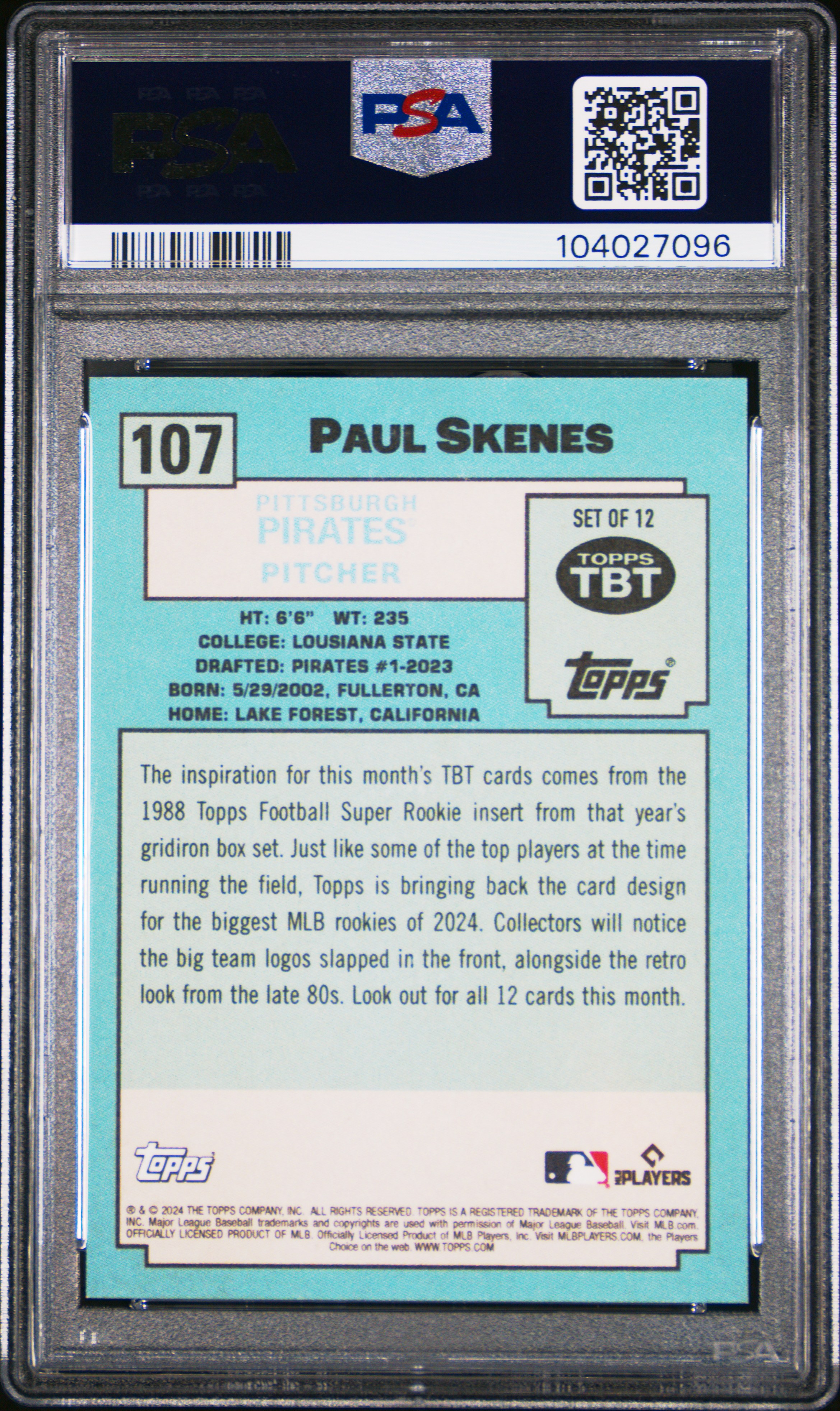 2024 Topps Throwback Thursday Paul Skenes #107 Gem Mt 10 back