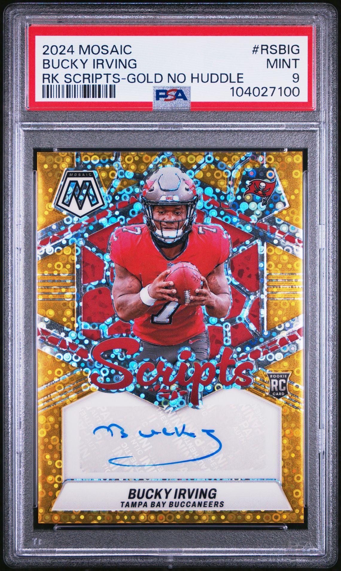 2024 Panini Mosaic Rookie Scripts Bucky Irving #Rsbig (Rk Scripts-Gold No Huddle) Mint 9 front