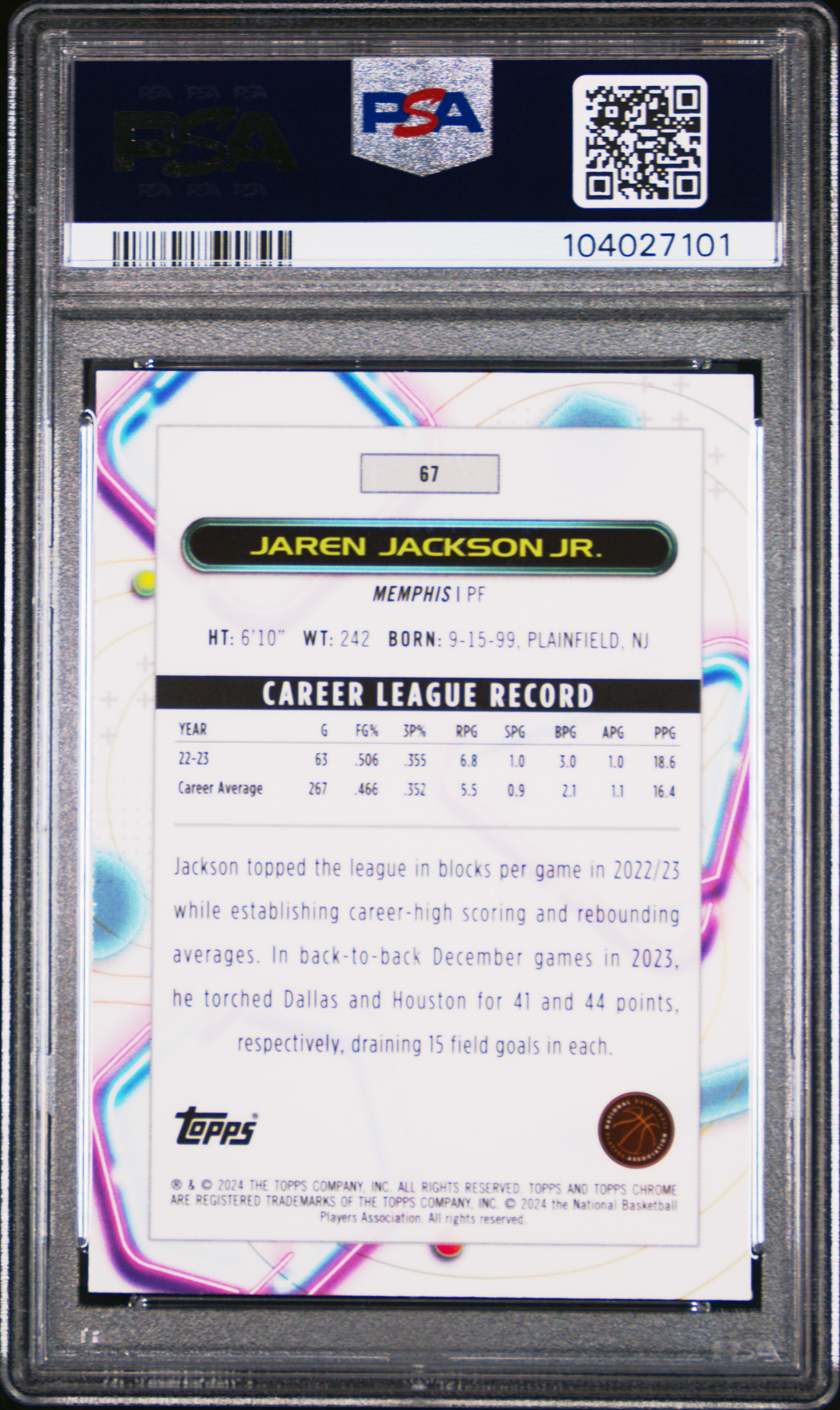 2023 Topps Cosmic Chrome Jaren Jackson Jr. #67 (Green Space Dust) Gem Mt 10 back