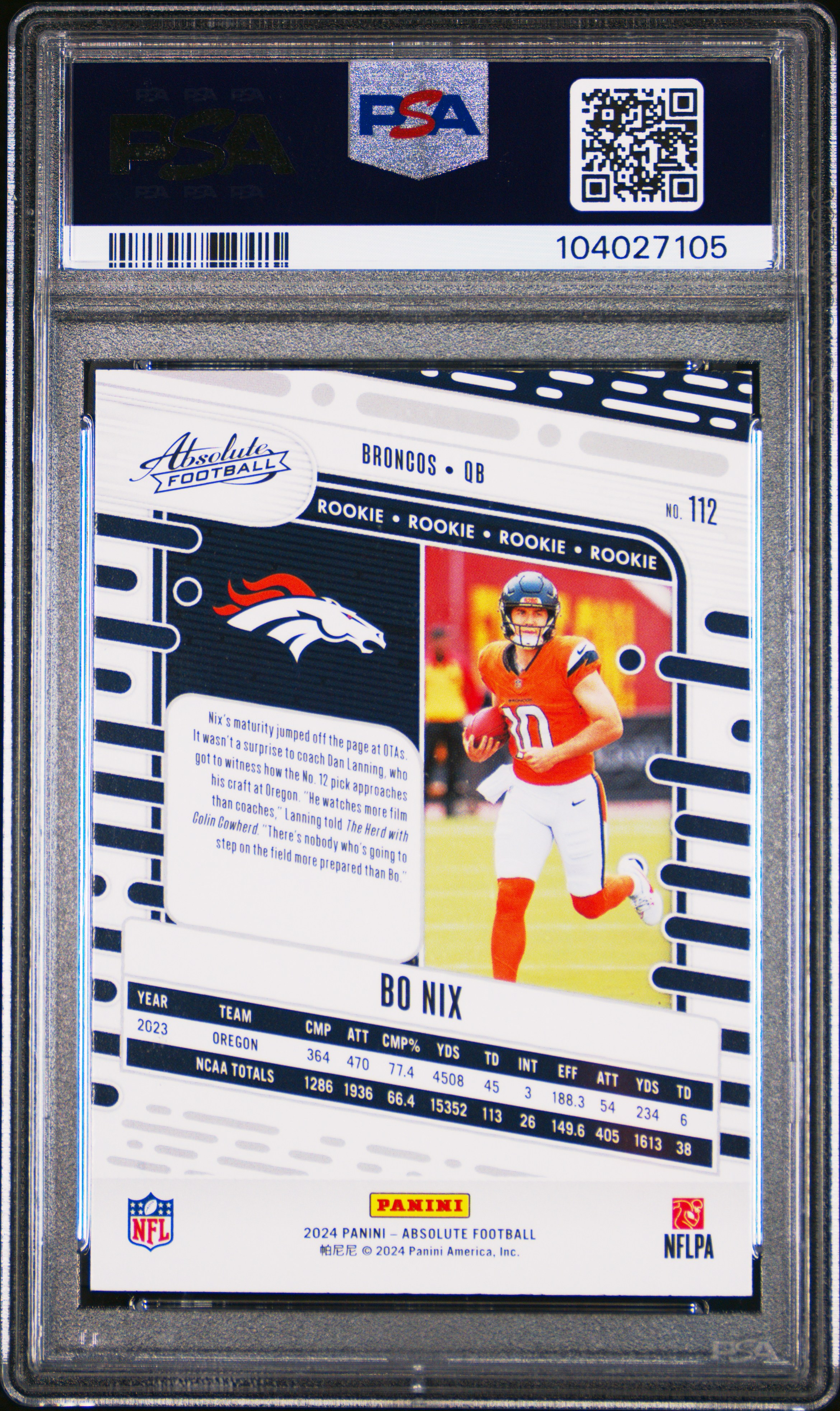 2024 Panini Absolute Bo Nix #112 Gem Mt 10 back