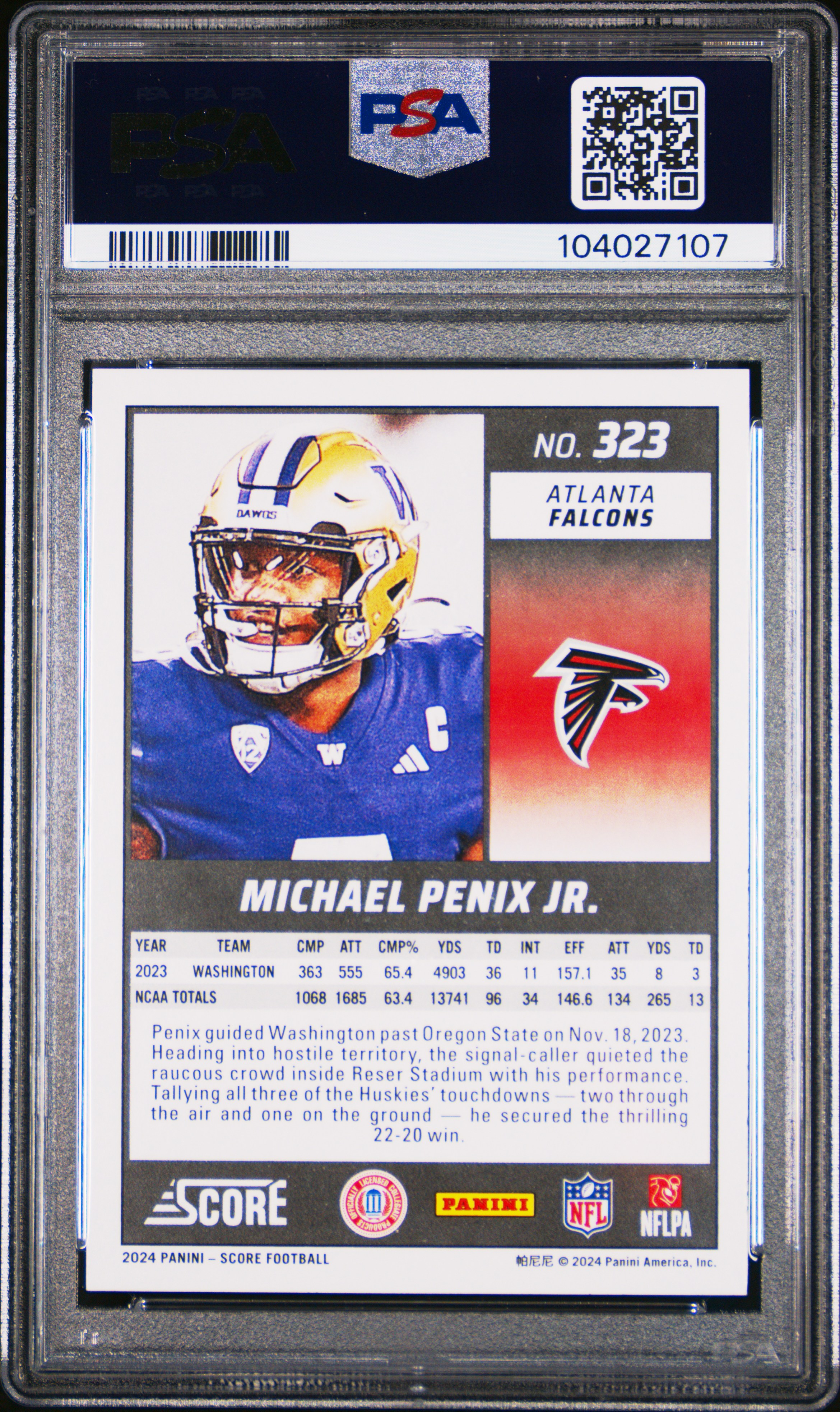 2024 Panini Score Michael Penix Jr. #323 Gem Mt 10 back