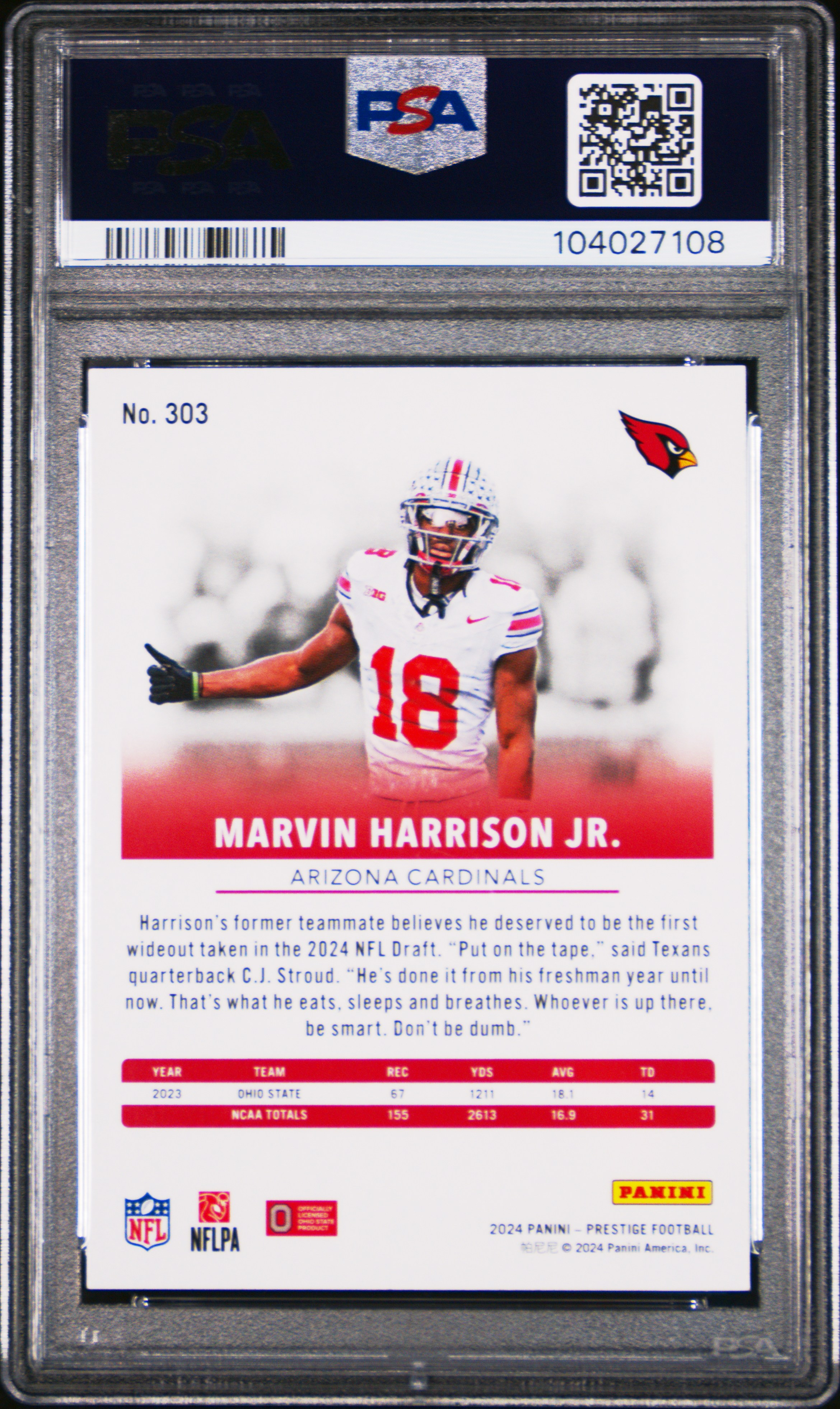 2024 Panini Prestige Marvin Harrison Jr. #303 Mint 9 back