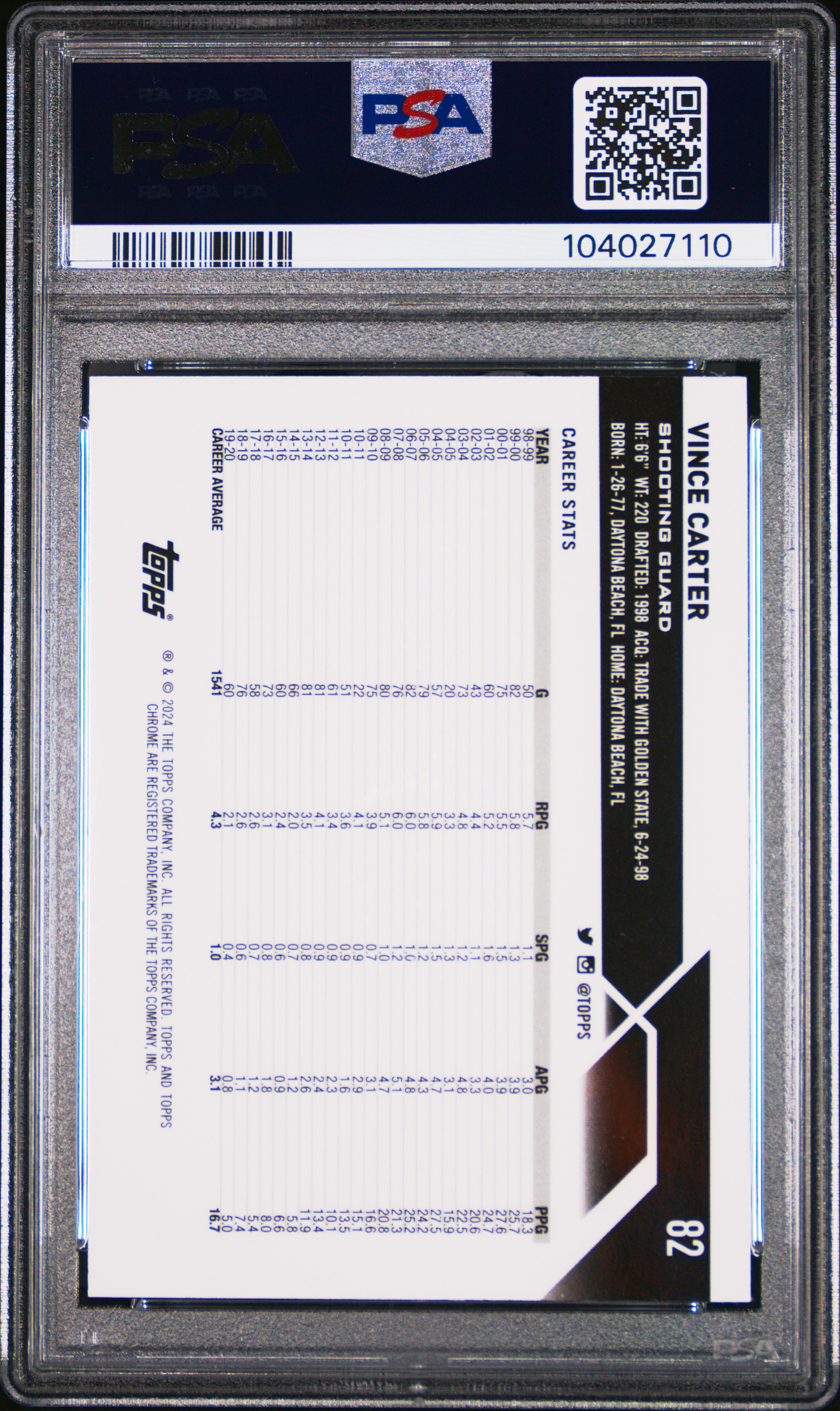 2023 Topps Chrome Vince Carter #82 (Green Refractor) Gem Mt 10 back