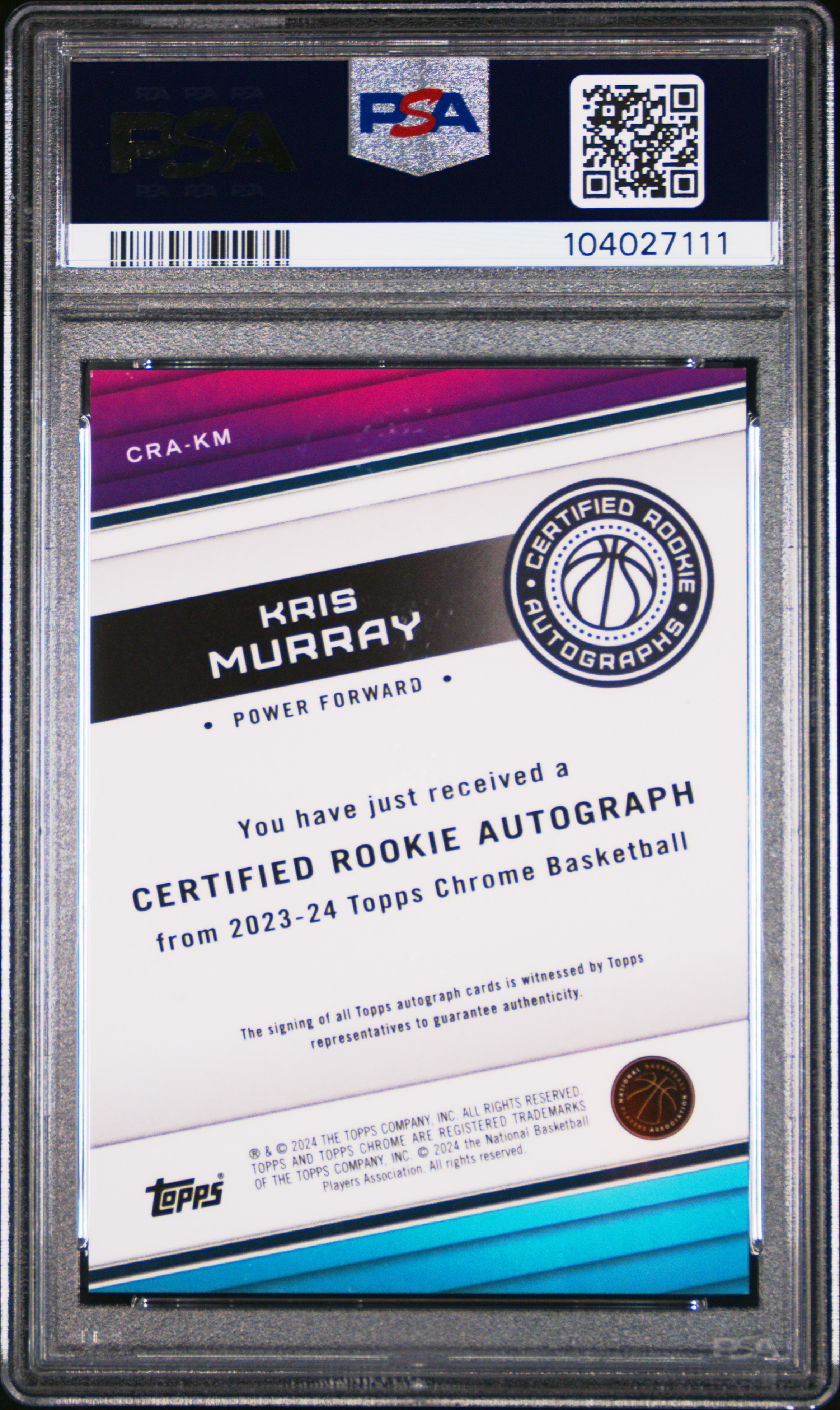 2023 Topps Chrome Certified Rookie Autographs Kris Murray #Crakm Gem Mt 10 back