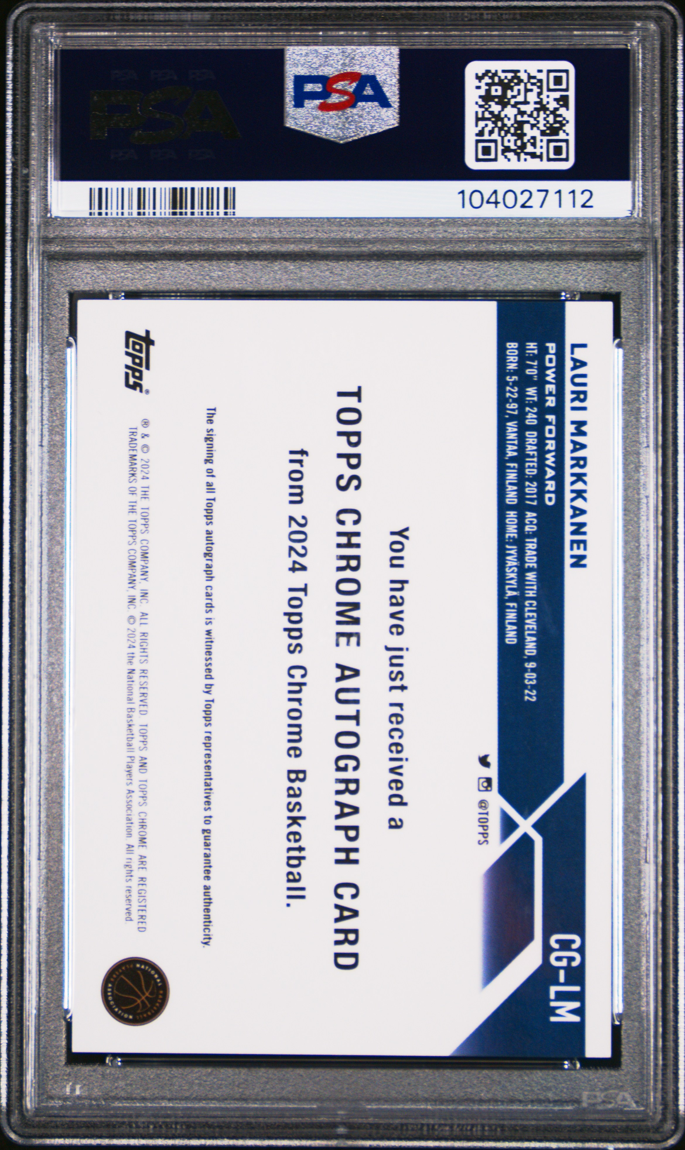 2023 Topps Chrome Topps Chrome Autographs Lauri Markkanen #Cglm (Autograph-Gold Refractor) Gem Mt 10 back