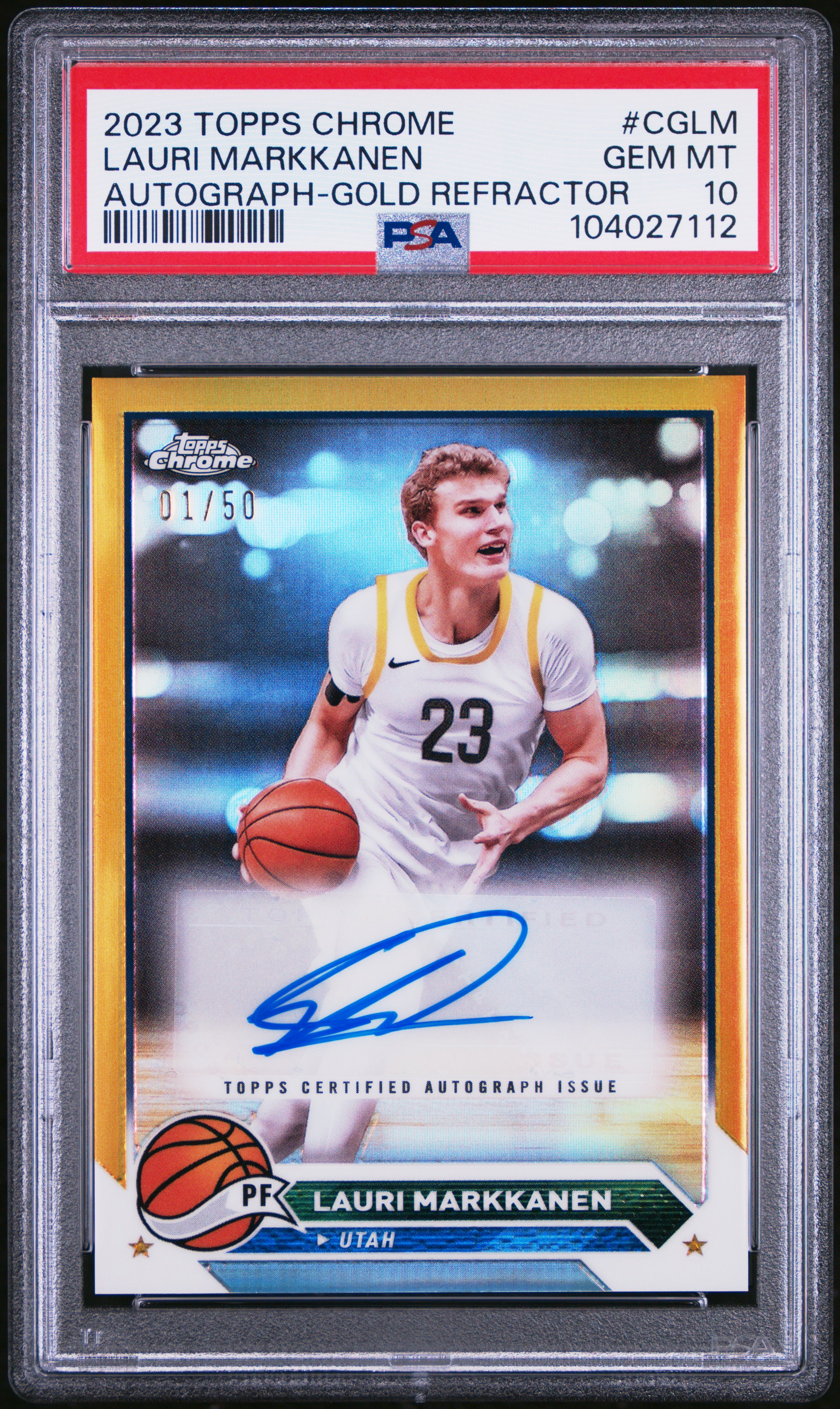 2023 Topps Chrome Topps Chrome Autographs Lauri Markkanen #Cglm (Autograph-Gold Refractor) Gem Mt 10 front