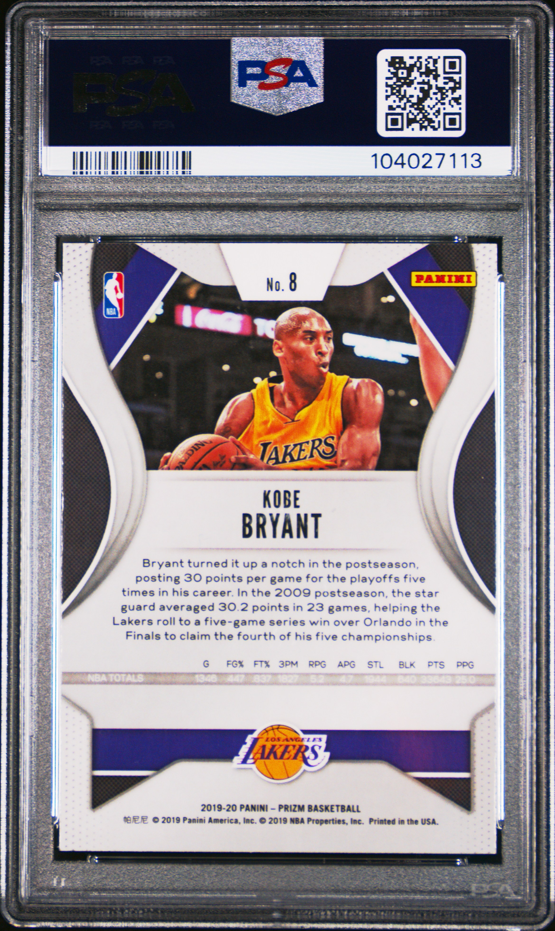 2019 Panini Prizm Kobe Bryant #8 Gem Mt 10 back