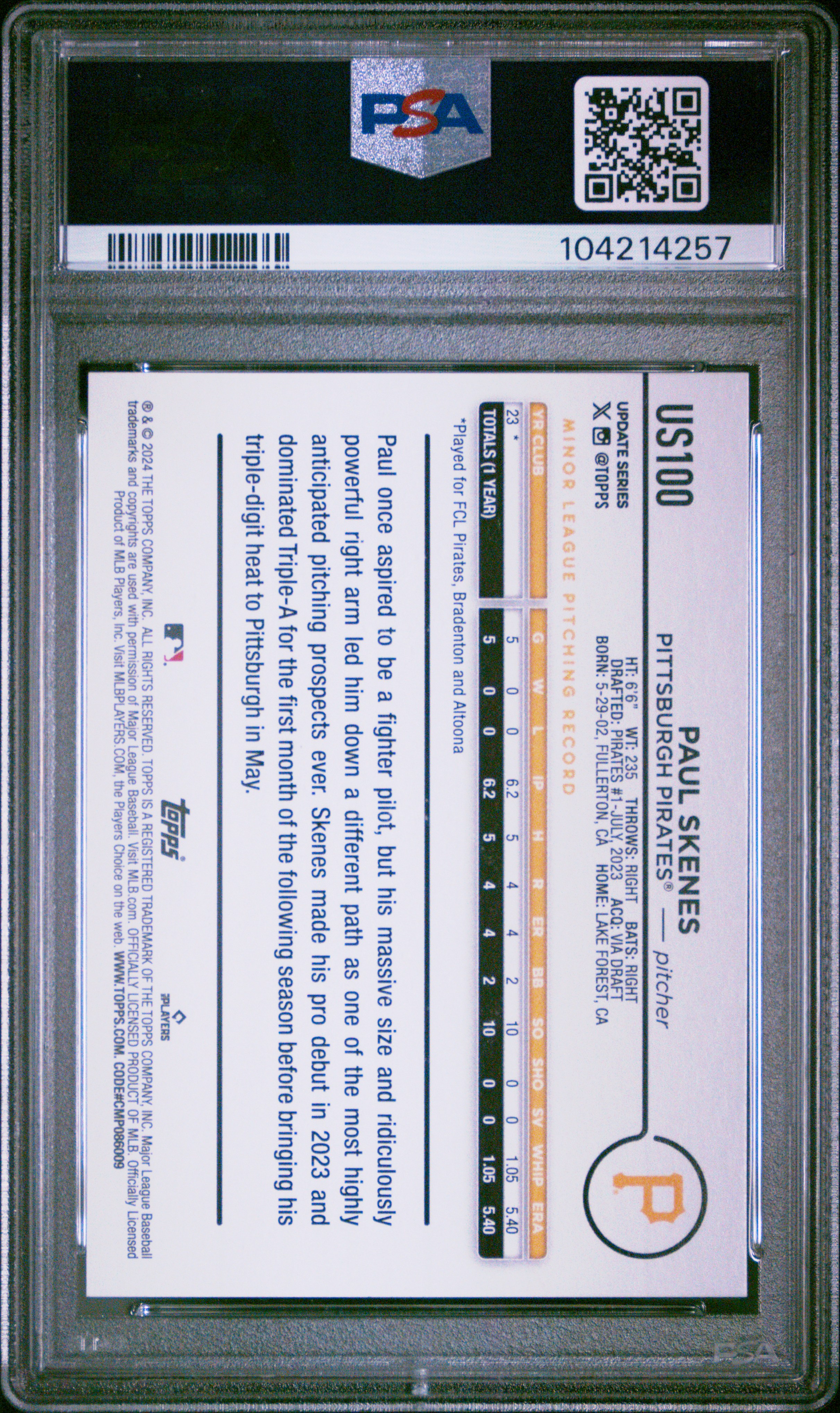 2024 Topps Update Paul Skenes #Us100 (Yellow) Gem Mt 10 back