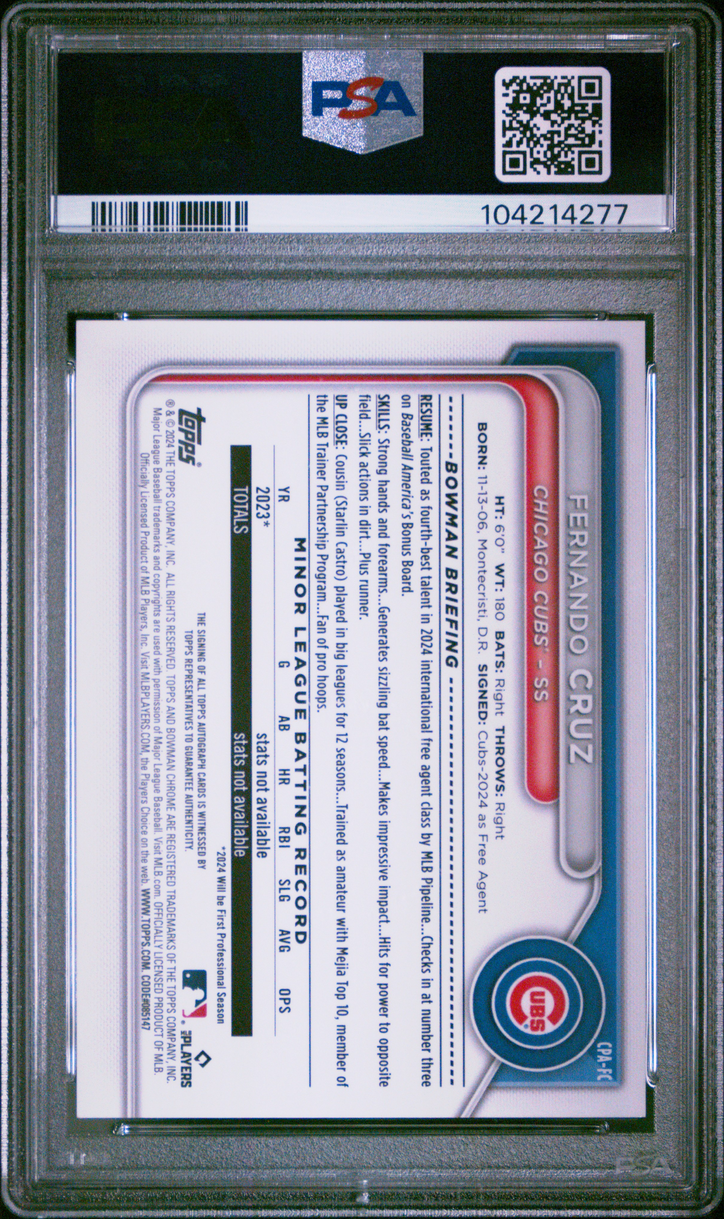 2024 Bowman Chrome Prospect Autographs Fernando Cruz #Cpafc (Prospect Auto-Yellow Ref) Mint 9 back