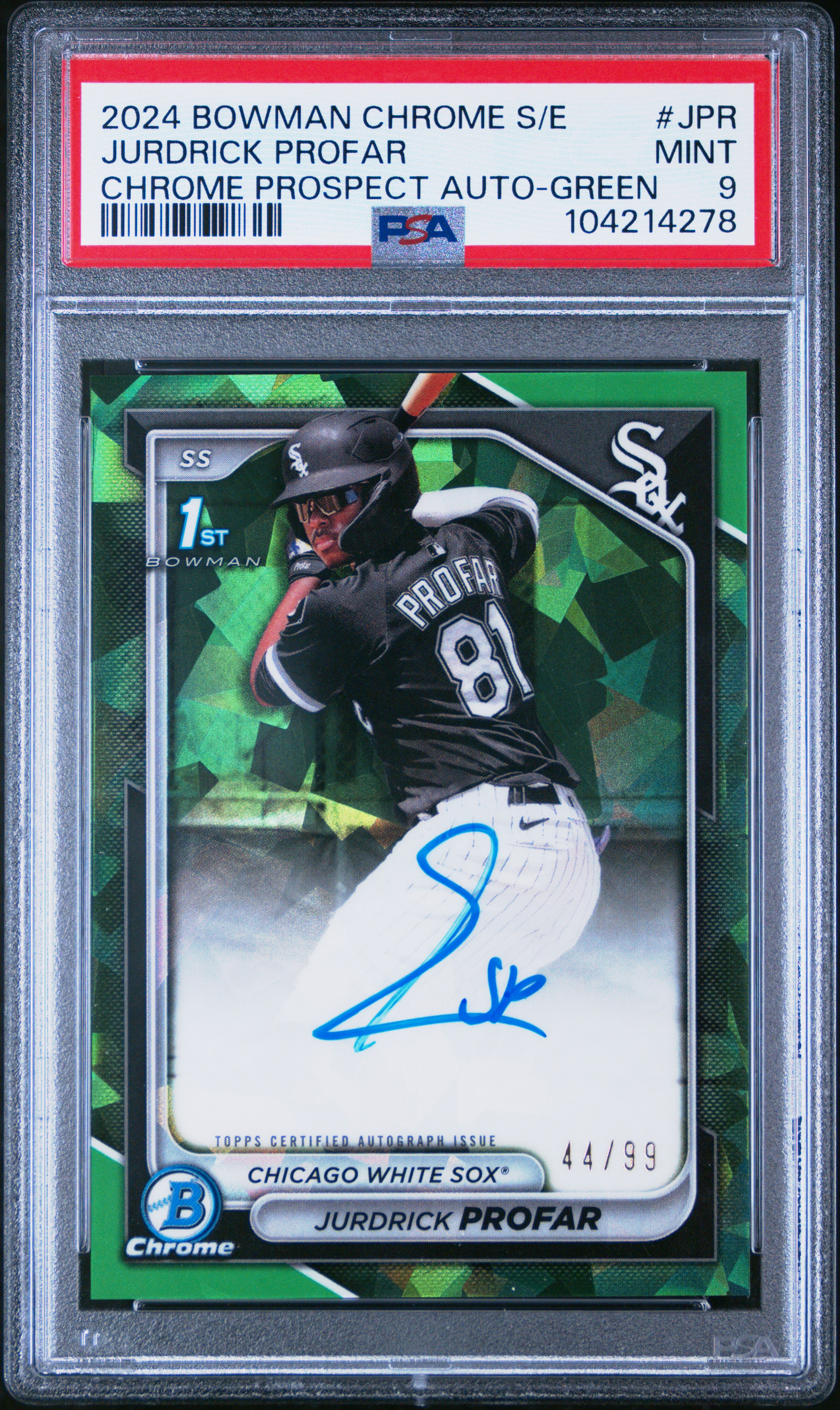 2024 Bowman Chrome Sapphire Edition Prospects Autographs Jurdrick Profar #Jpr (Chrome Prospect Auto-Green) Mint 9 front
