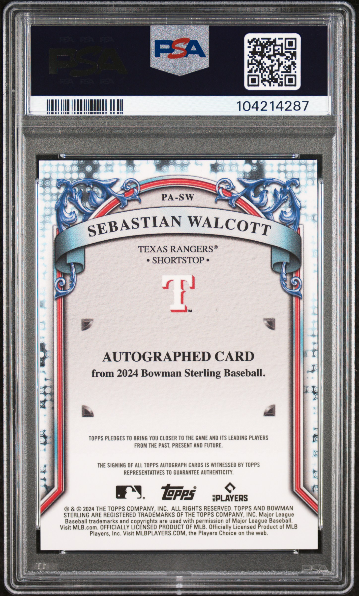 2024 Bowman Sterling Prospect Autographs Sebastian Walcott #Pasw Mint 9 back