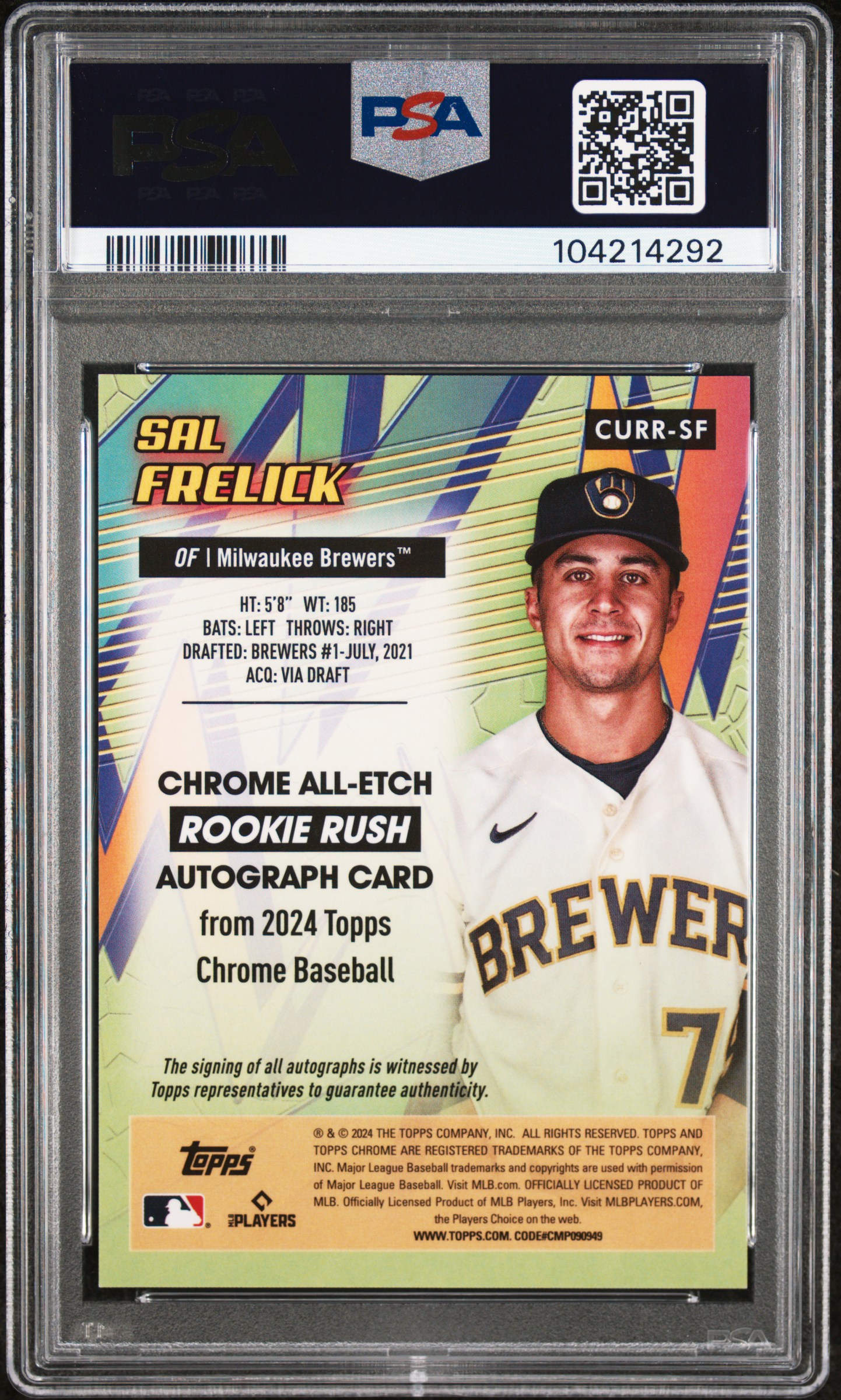 2024 Topps Chrome Update Chrome All-Etch Rookie Rush Autographs Sal Frelick #Sf (All-Etch Rk Rush Au-Blk Ref) Gem Mt 10 back