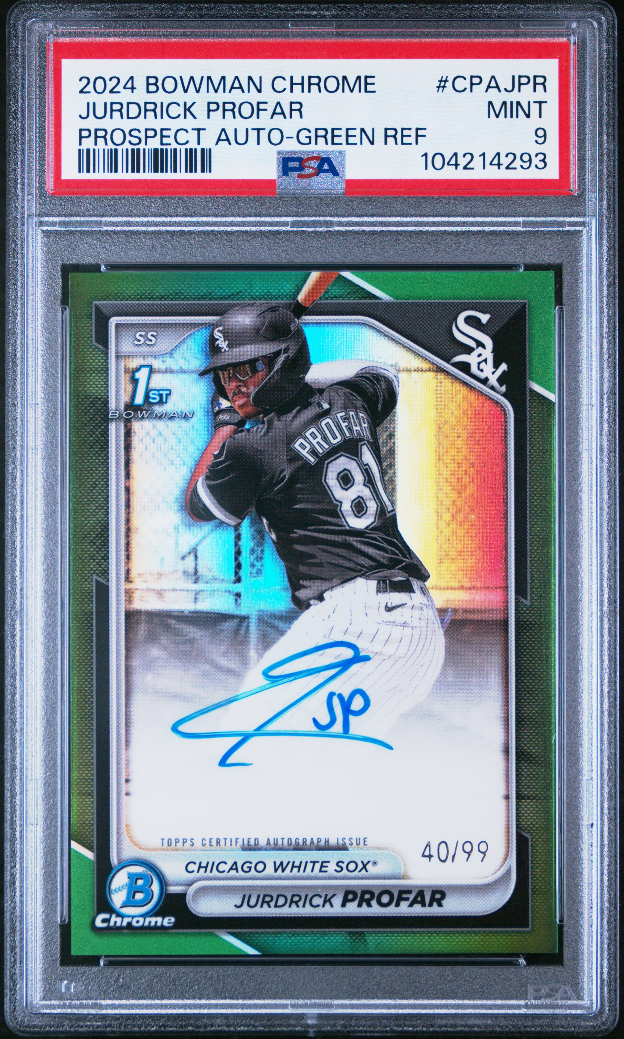 2024 Bowman Chrome Prospect Autographs Jurdrick Profar #Cpajpr (Prospect Auto-Green Ref) Mint 9 front