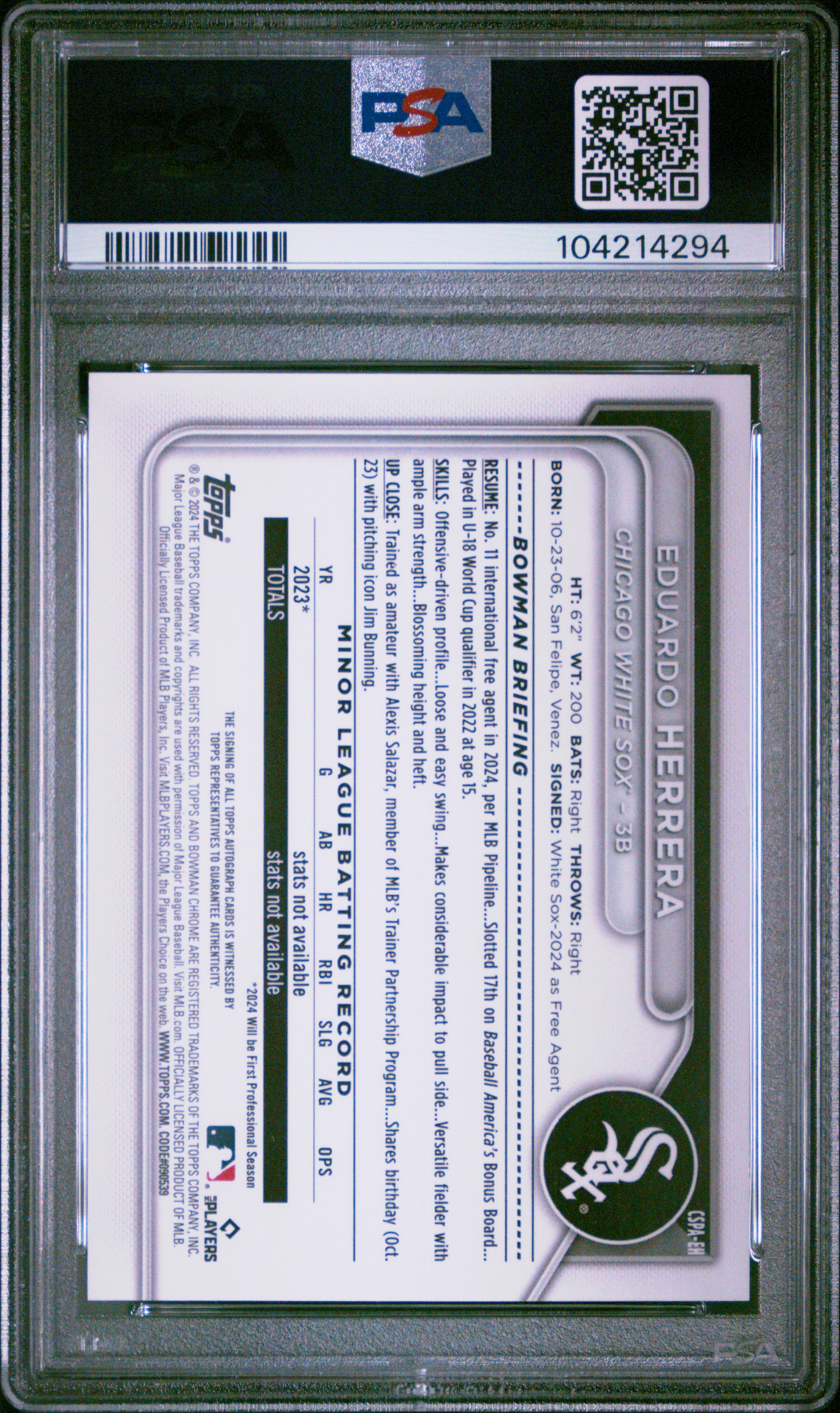 2024 Bowman Chrome Sapphire Edition Prospects Autographs Eduardo Herrera #Eh (Chrome Prospect Autograph) Gem Mt 10 back