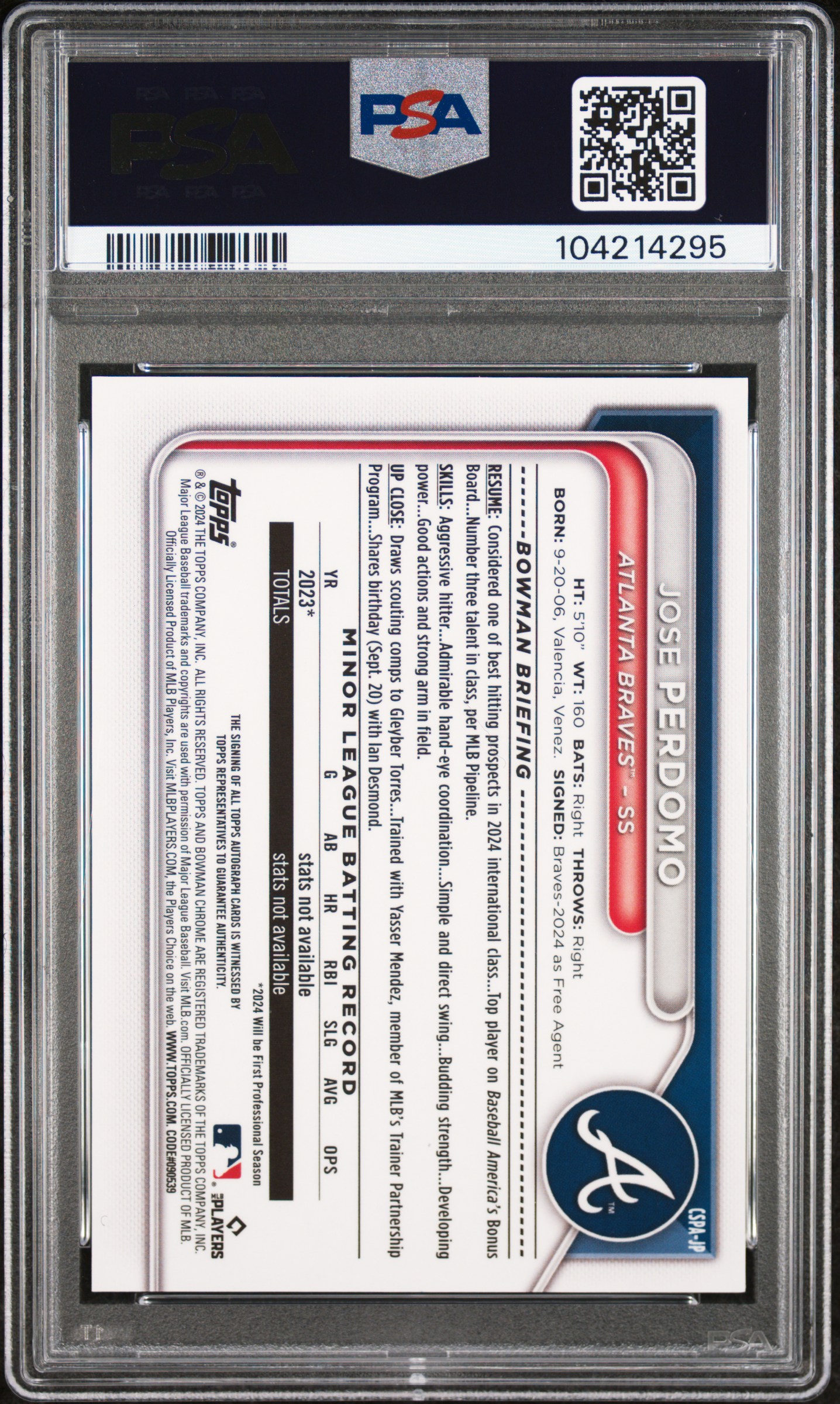 2024 Bowman Chrome Sapphire Edition Prospects Autographs Jose Perdomo #Jp (Chrome Prospect Autograph) Gem Mt 10 back