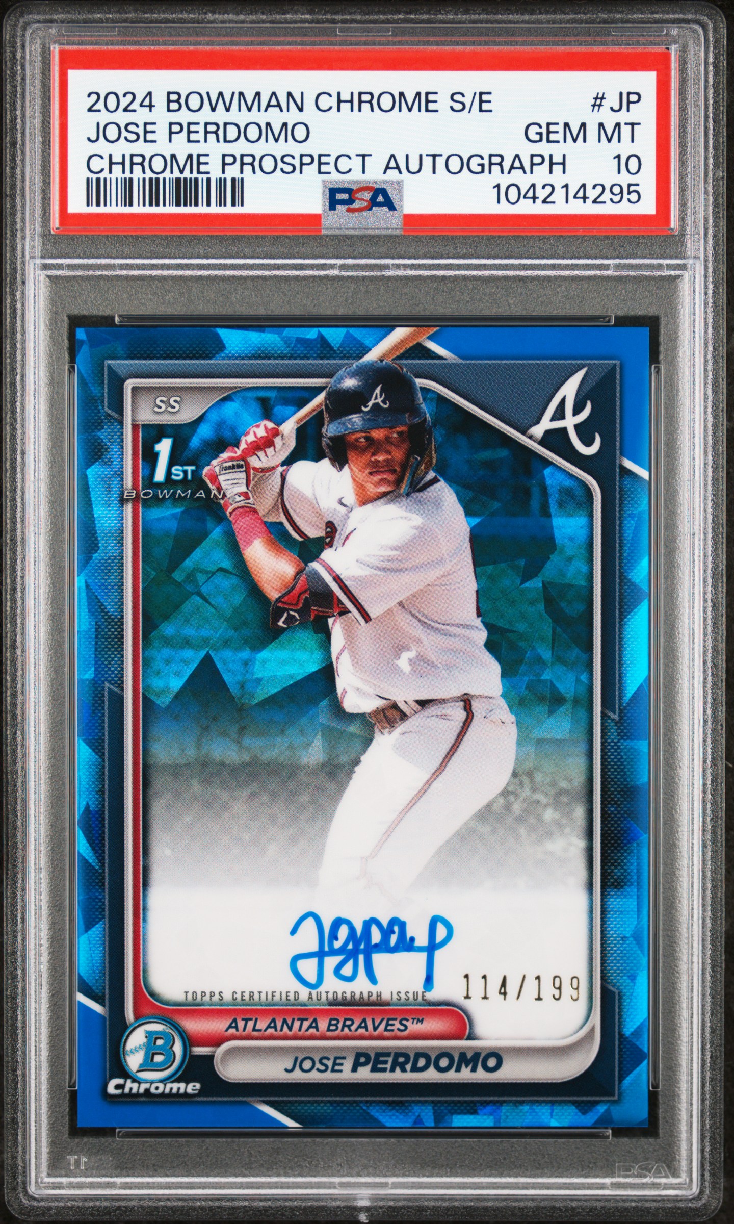 2024 Bowman Chrome Sapphire Edition Prospects Autographs Jose Perdomo #Jp (Chrome Prospect Autograph) Gem Mt 10 front