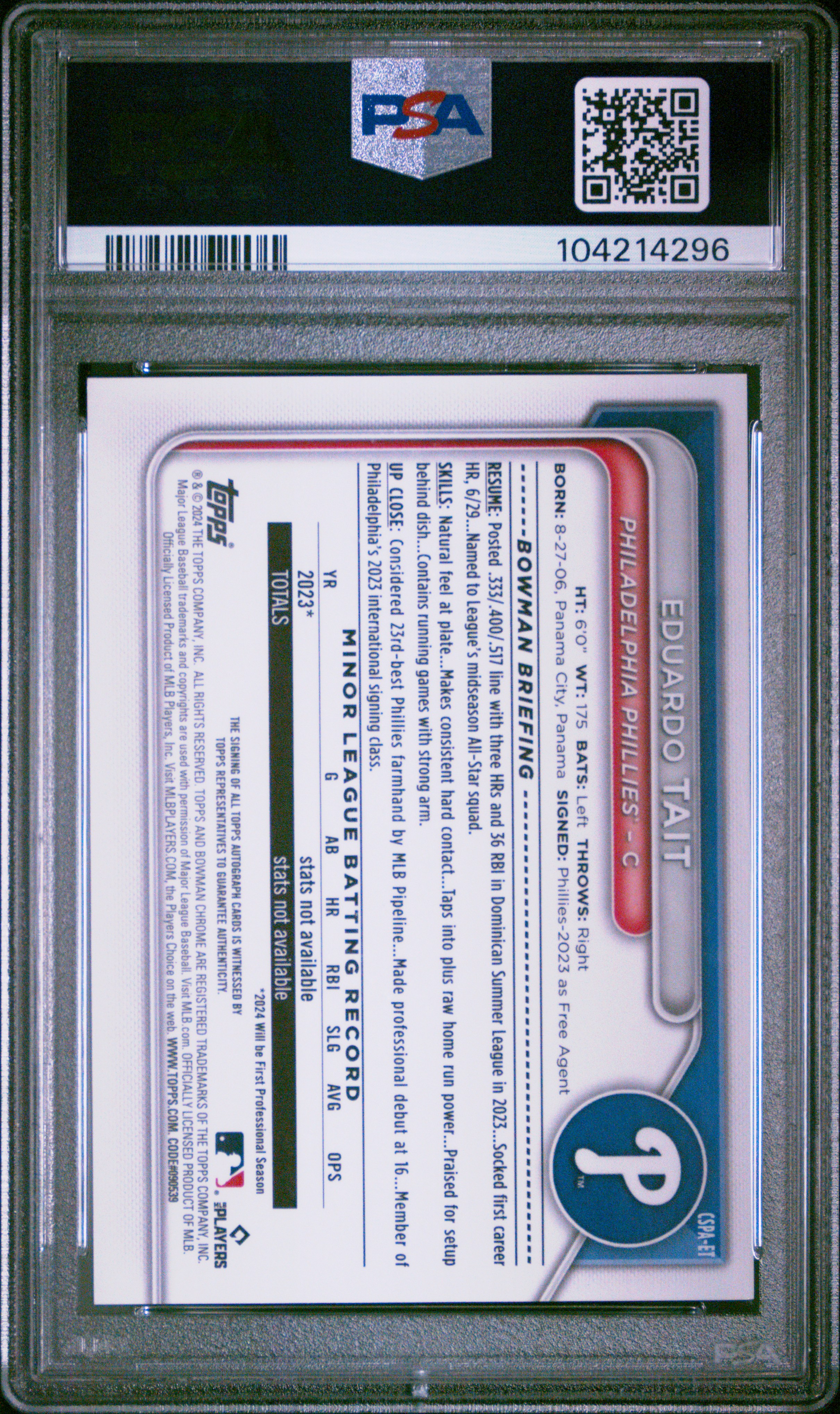 2024 Bowman Chrome Sapphire Edition Prospects Autographs Eduardo Tait #Et (Chrome Prospect Autograph) Gem Mt 10 back