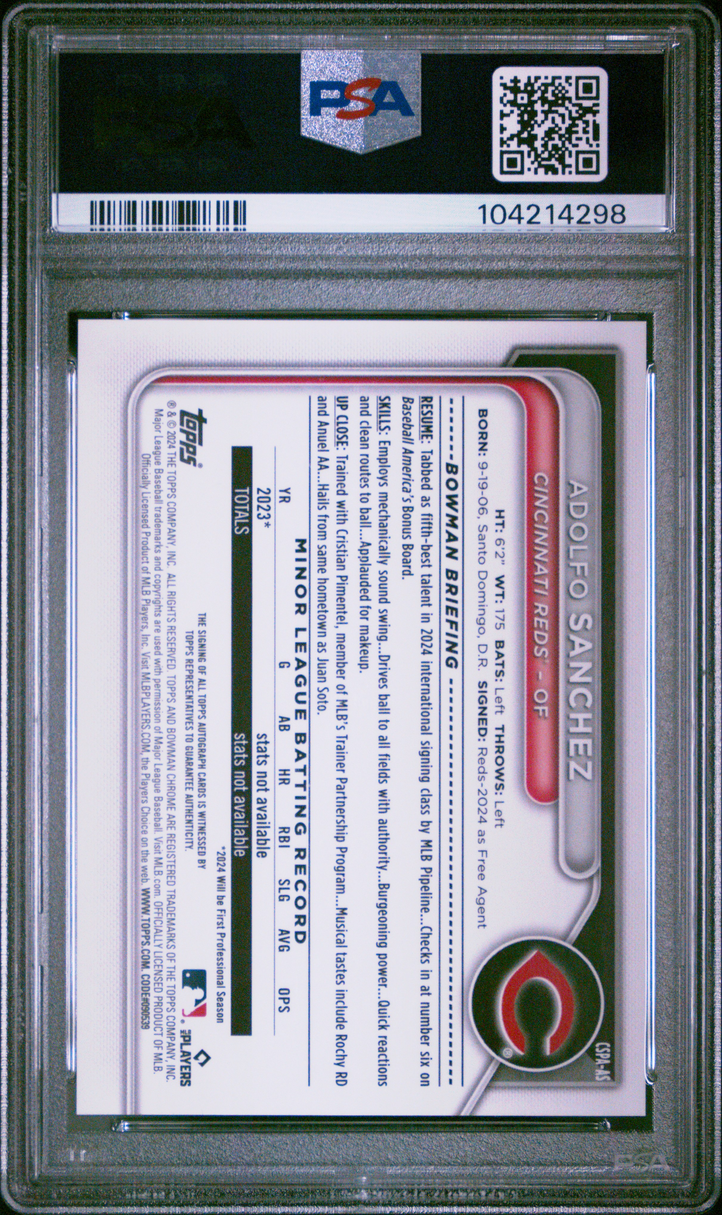 2024 Bowman Chrome Sapphire Edition Prospects Autographs Adolfo Sanchez #As (Chrome Prospect Autograph) Mint 9 back